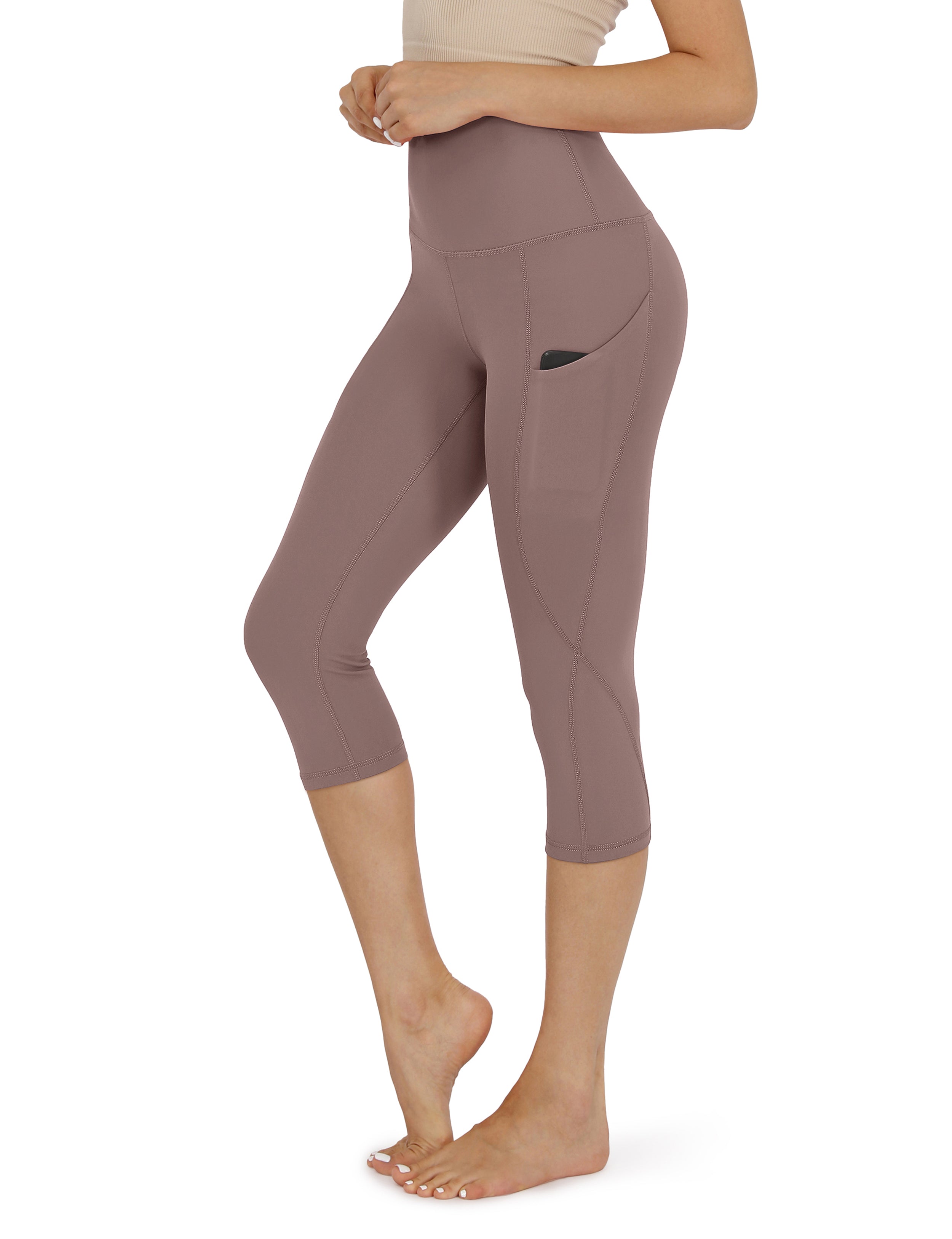 19" High Waist Yoga Capris with Pockets Purple Taupe - ododos