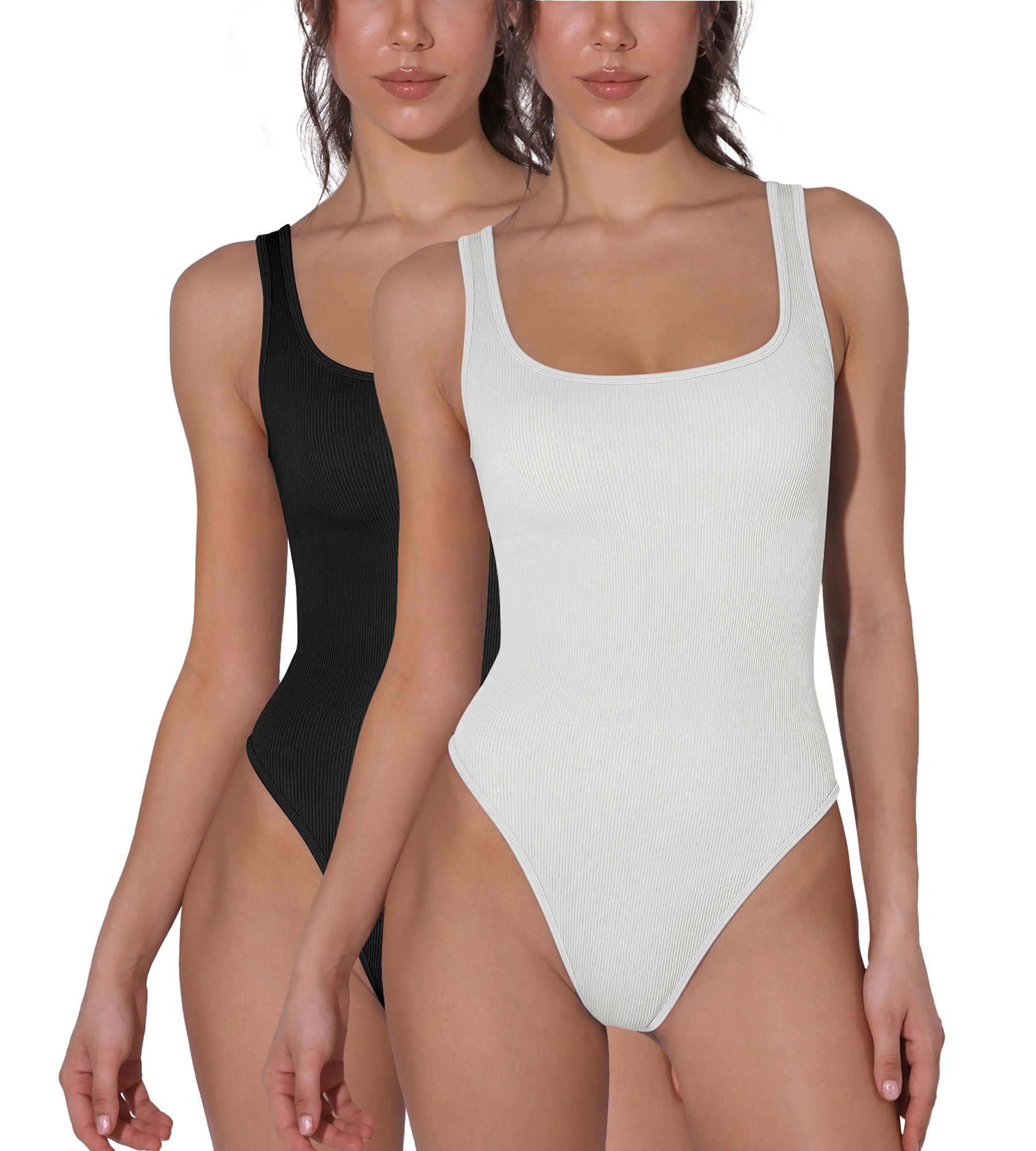 Seamless Ribbed Sexy Sleeveless Bodysuit Black+White Wide Strap - ododos