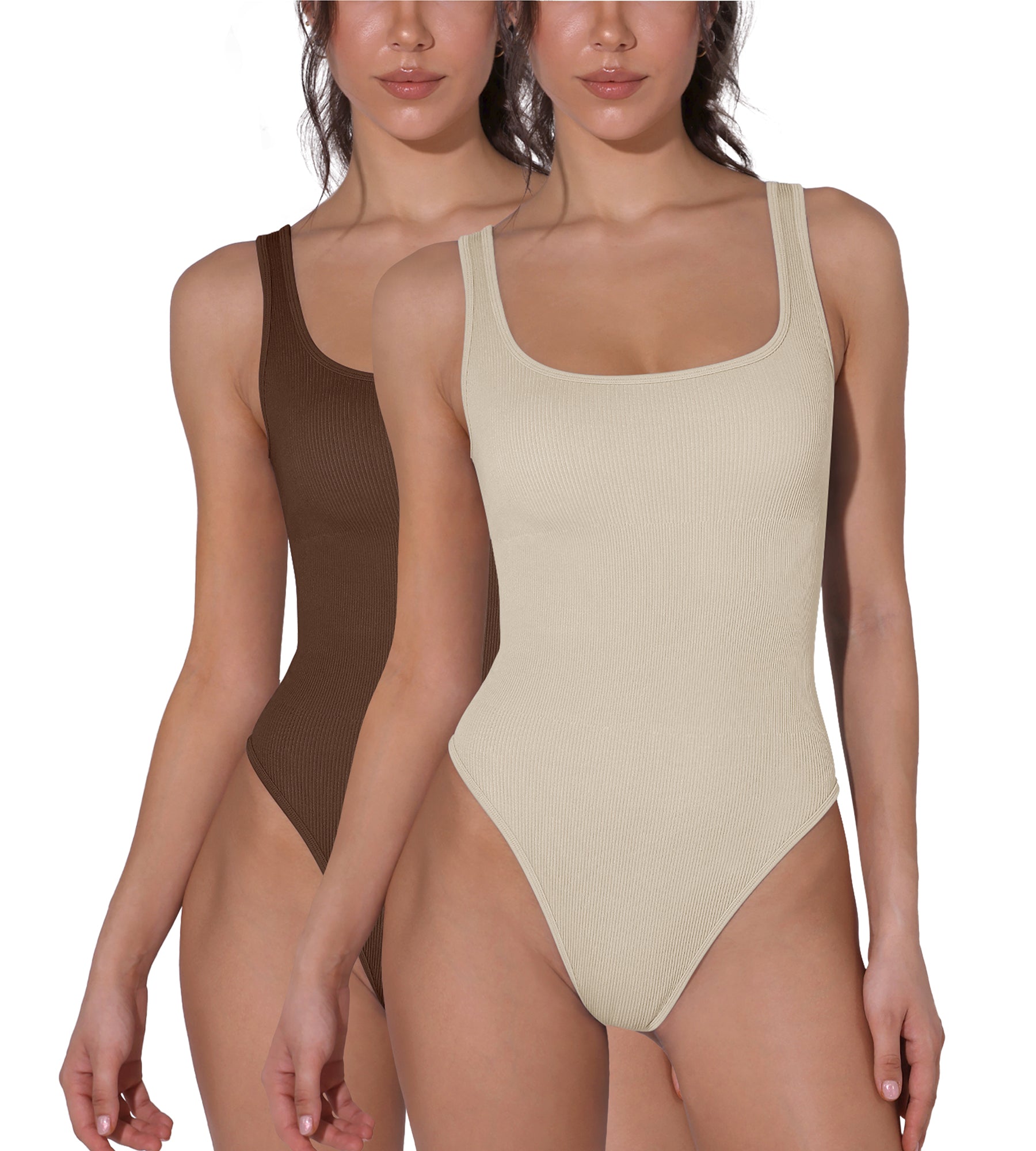 Seamless Ribbed Sexy Sleeveless Bodysuit Brunette+Ivory Wide Strap - ododos