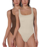 Seamless Ribbed Sexy Sleeveless Bodysuit Brunette+Ivory - ododos
