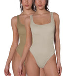 Seamless Ribbed Sexy Sleeveless Bodysuit Taupe+Mushroom Wide Strap - ododos