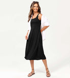 Square Neck Casual Sleeveless Sundress Flare Tank Dress with Pockets - ododos