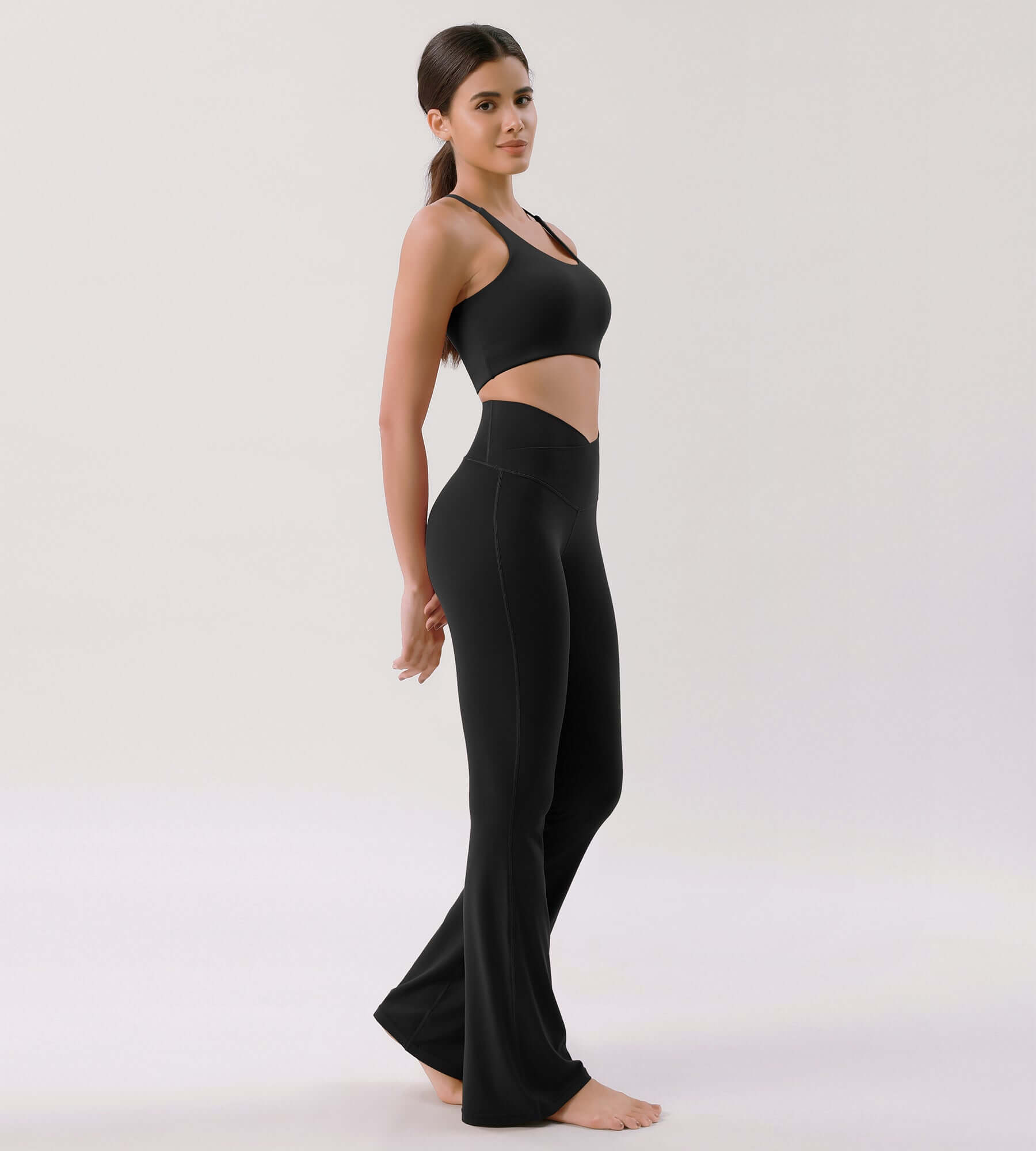 Cloud Feeling 30" Crossover High Waist Flared Pants Black - ododos