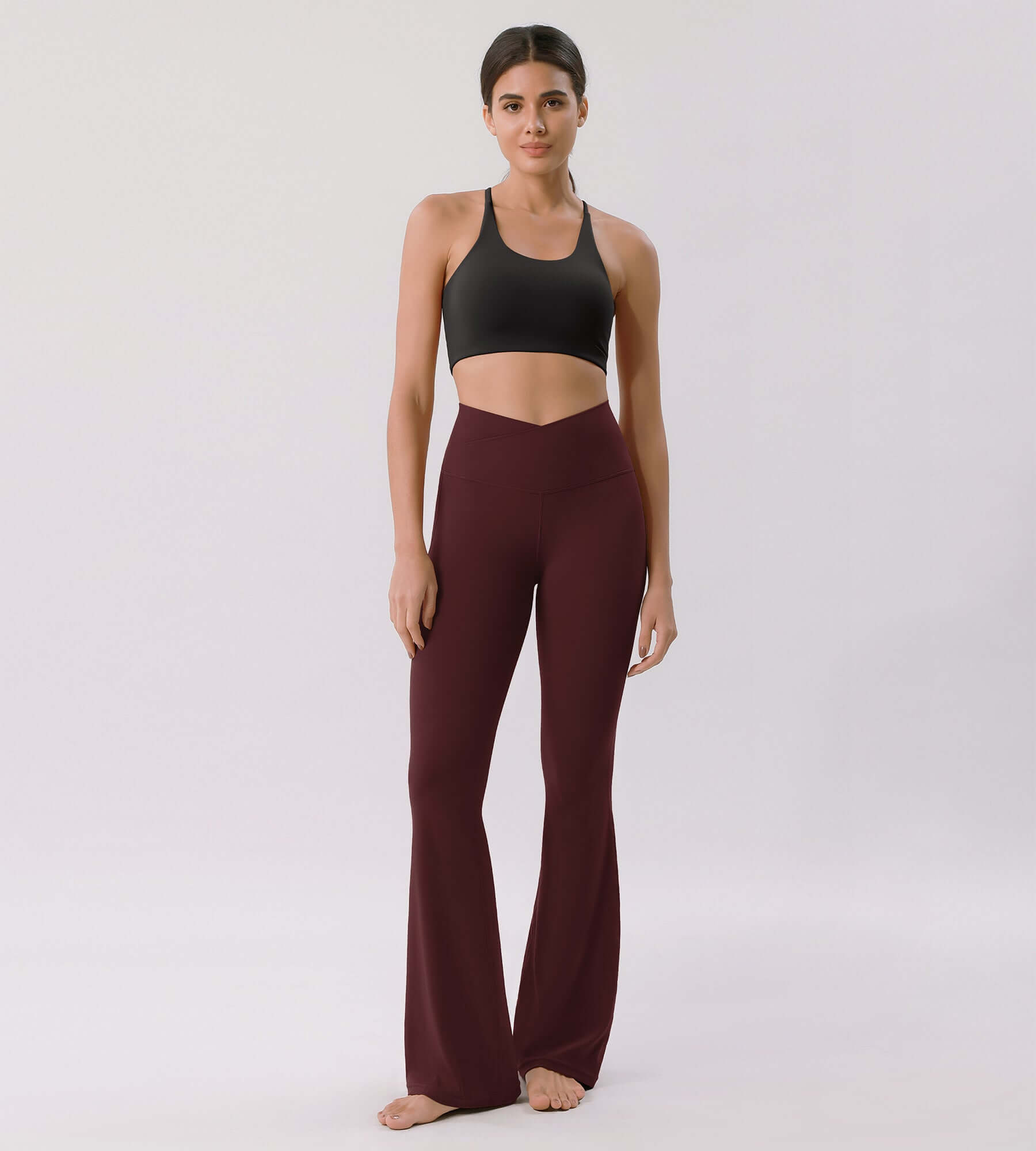Cloud Feeling 30" Crossover High Waist Flared Pants Burgundy - ododos