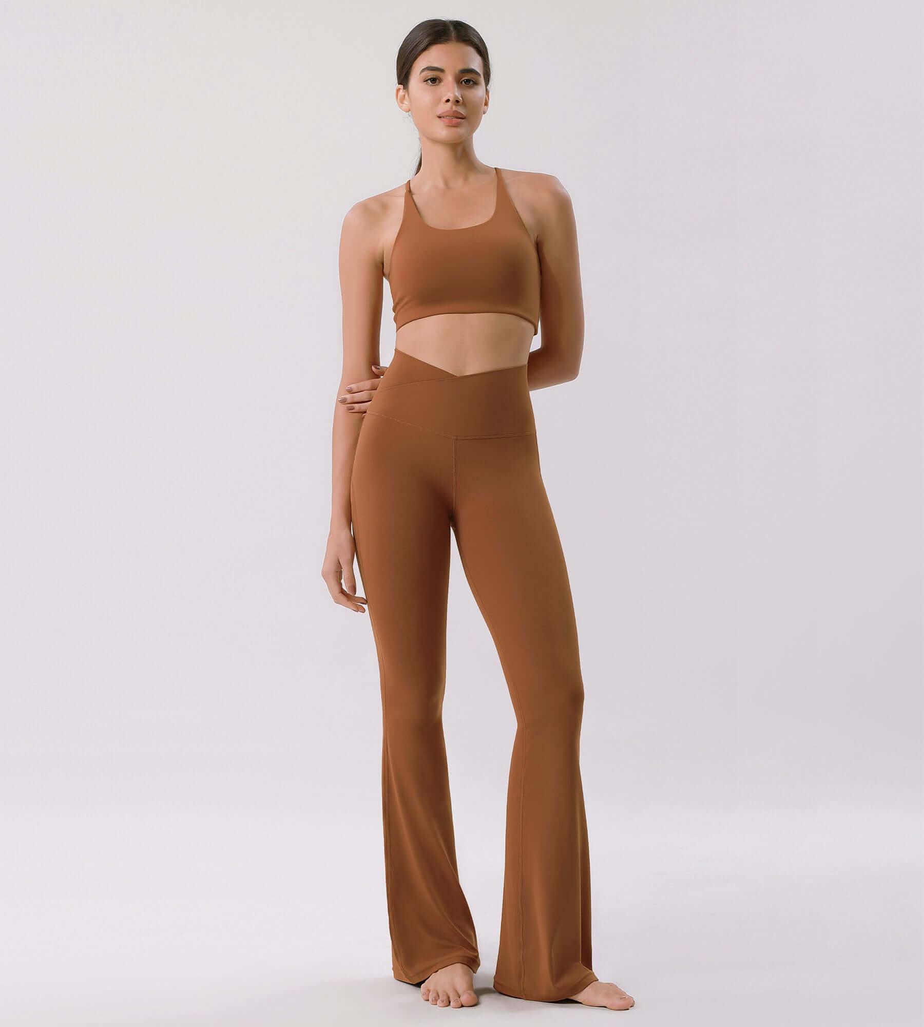 Cloud Feeling 30" Crossover High Waist Flared Pants Caramel - ododos