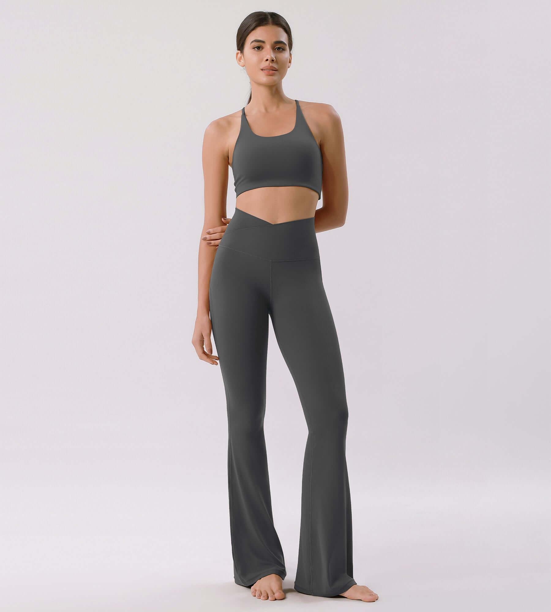 Cloud Feeling 30" Crossover High Waist Flared Pants Charcoal - ododos