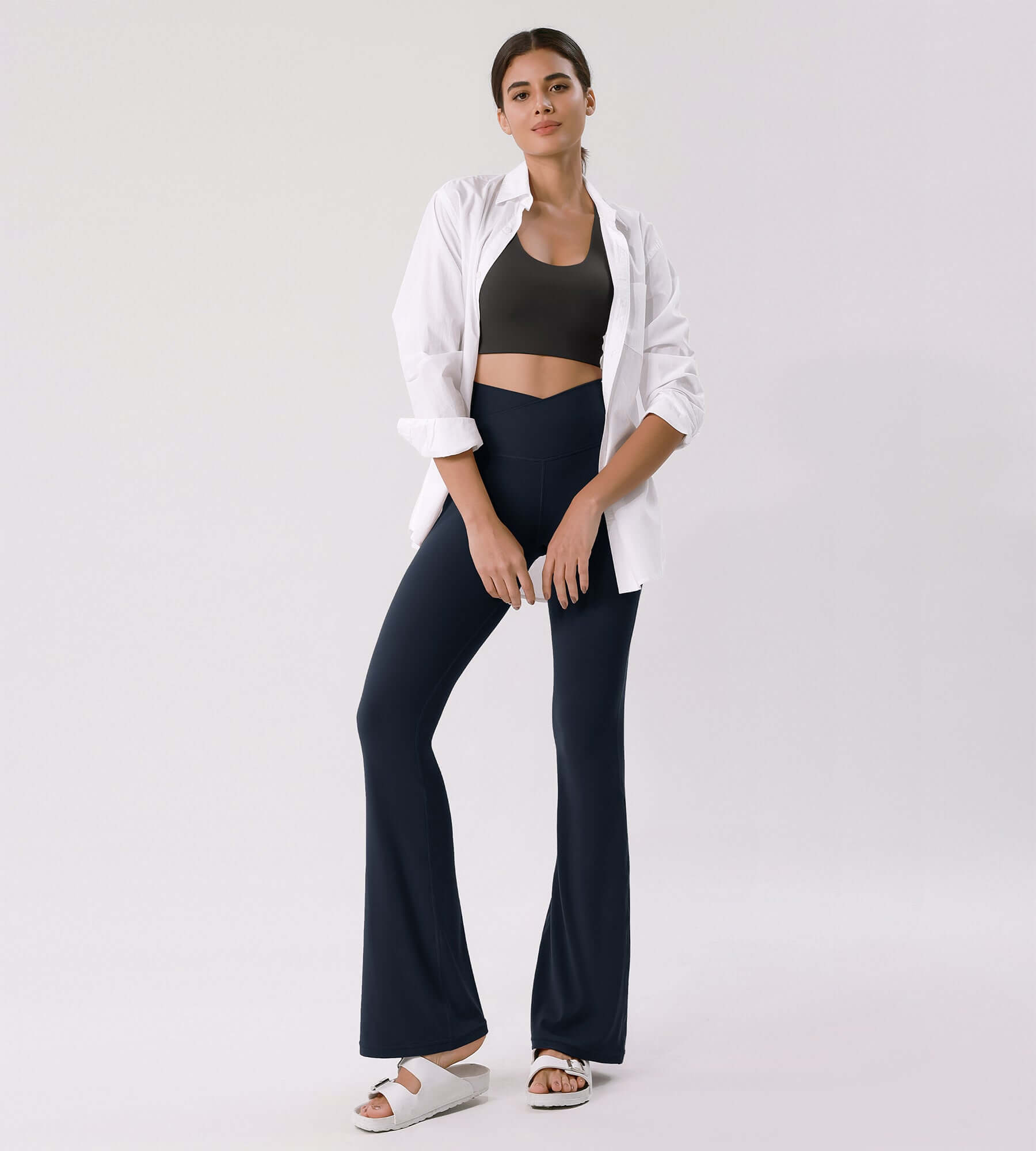 Cloud Feeling 30" Crossover High Waist Flared Pants Deep Navy - ododos