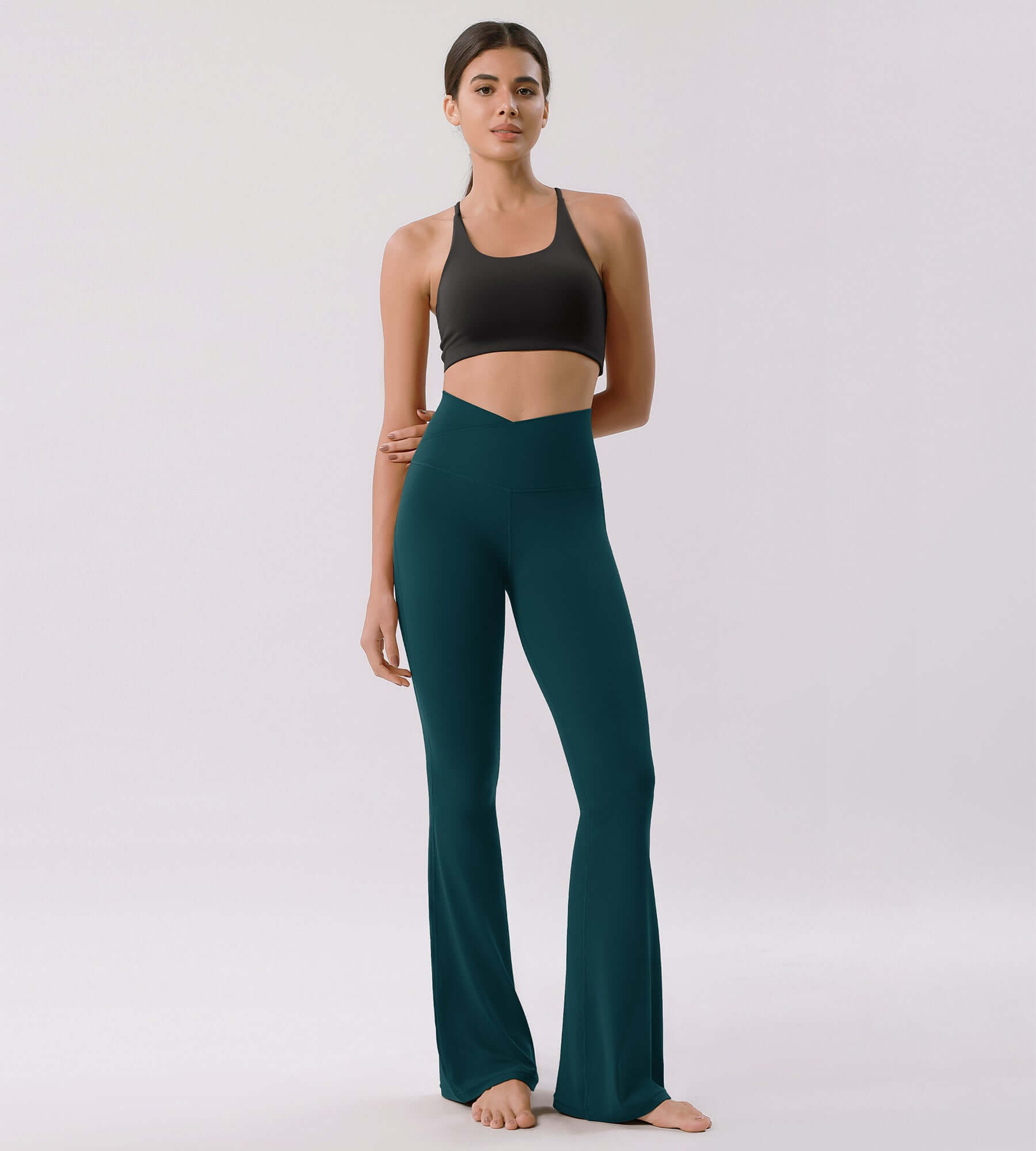 Cloud Feeling 30" Crossover High Waist Flared Pants Forest Teal - ododos