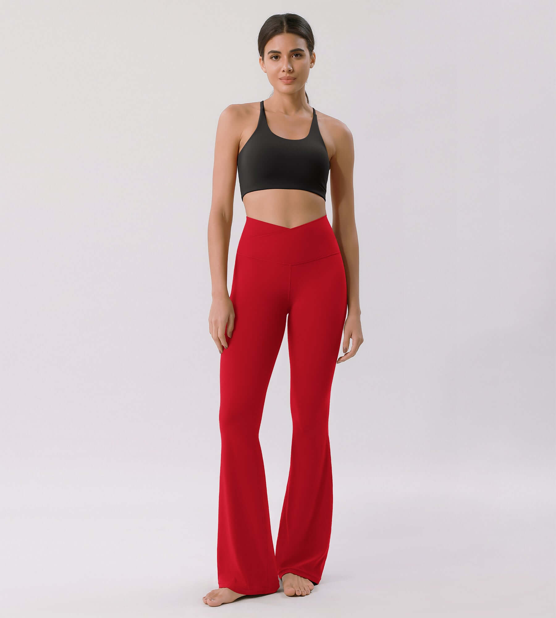 Cloud Feeling 30" Crossover High Waist Flared Pants Red - ododos