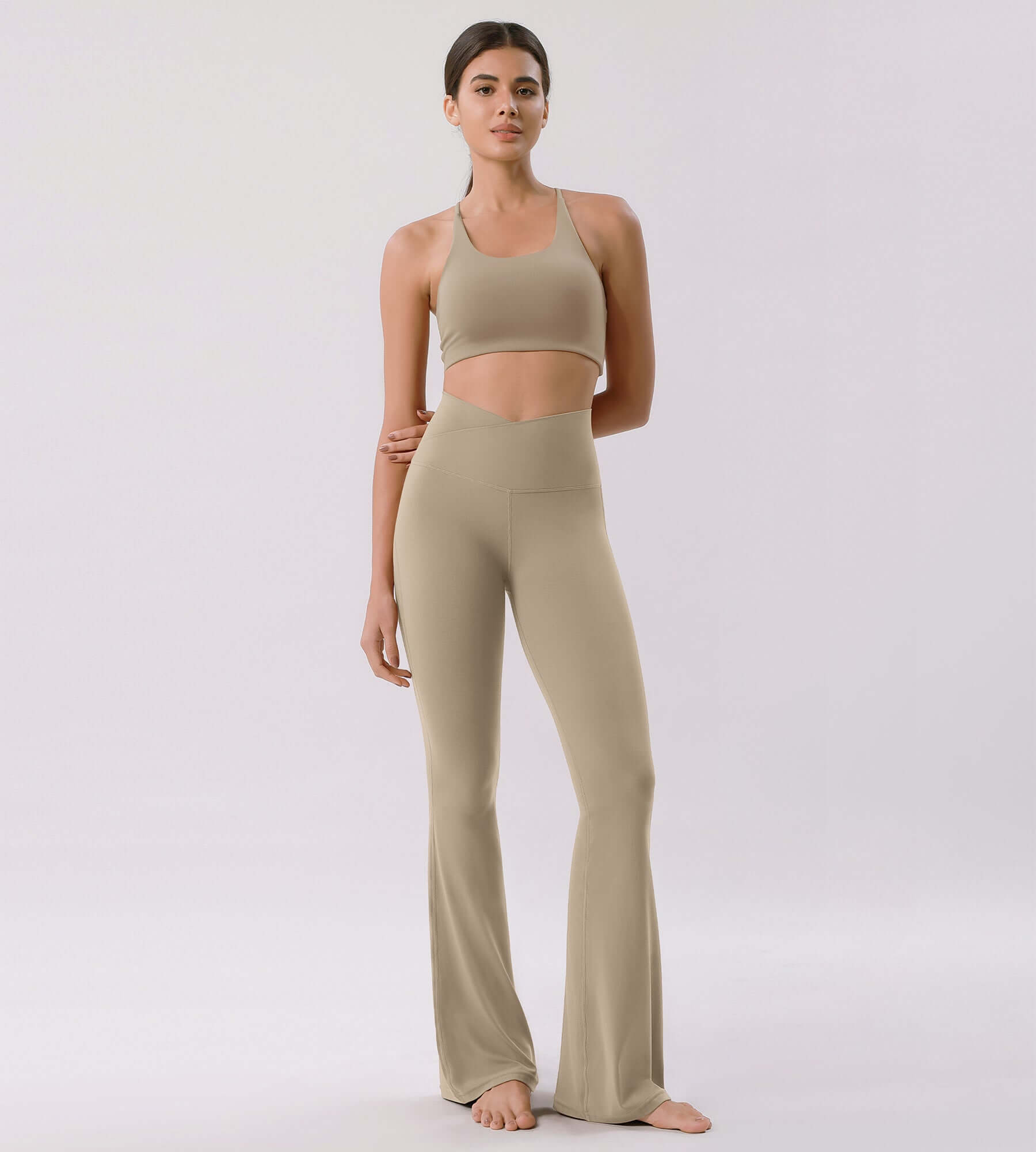 Cloud Feeling 30" Crossover High Waist Flared Pants Shaker Beige - ododos