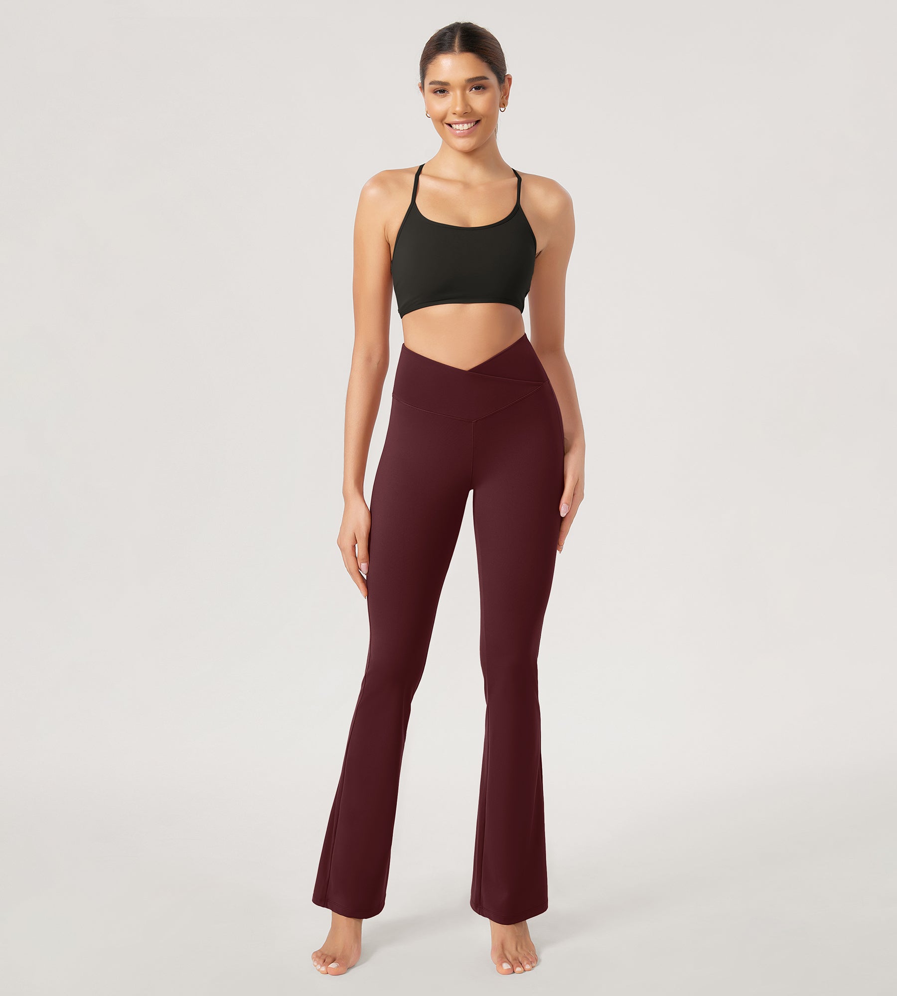 29” Cross Waist Sports Flare Yoga Pants Burgundy - ododos