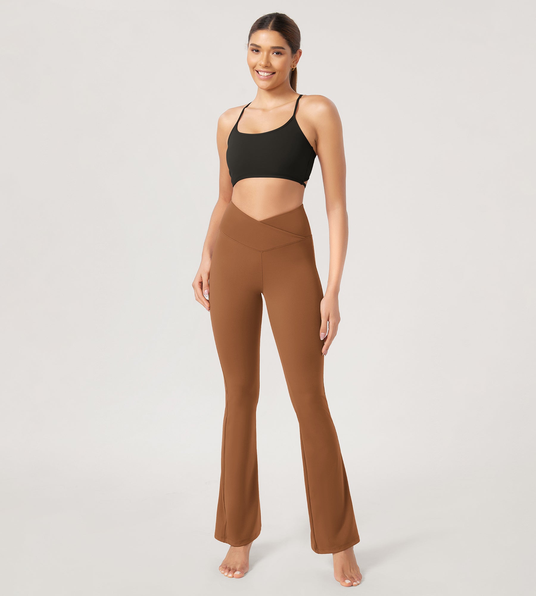 29” Cross Waist Sports Flare Yoga Pants Caramel - ododos