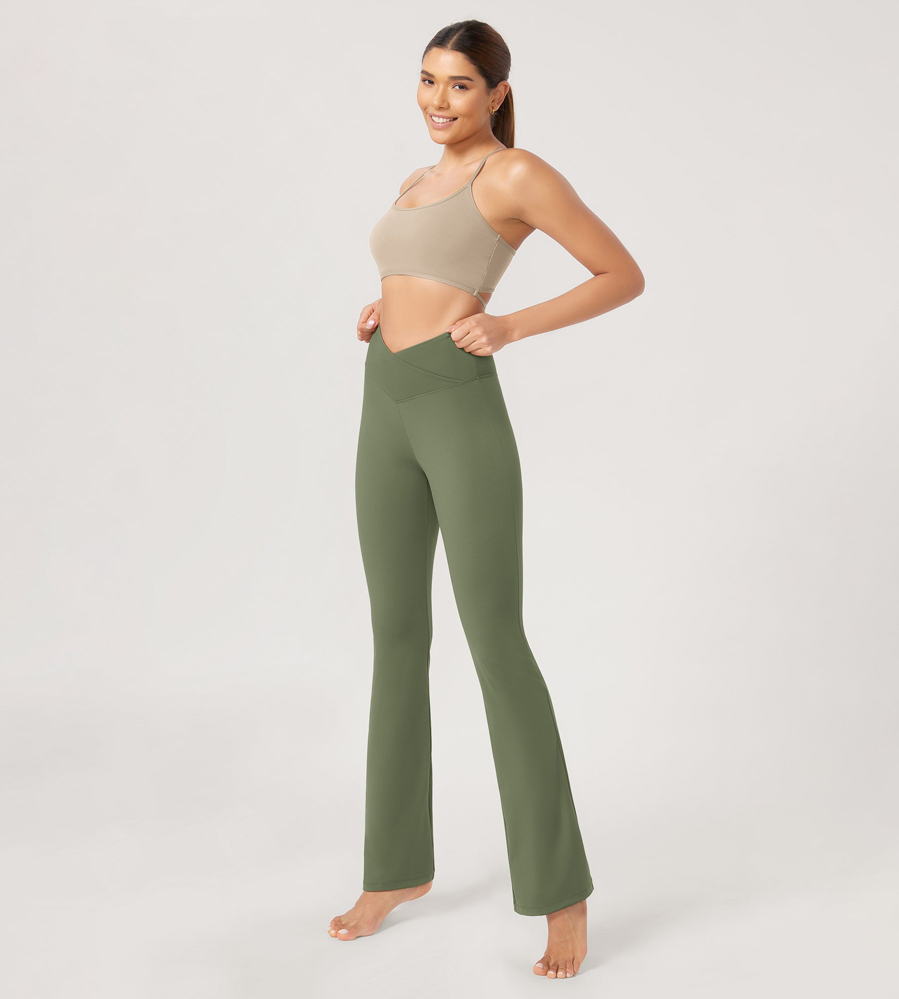 29” Cross Waist Sports Flare Yoga Pants Dark Olive - ododos