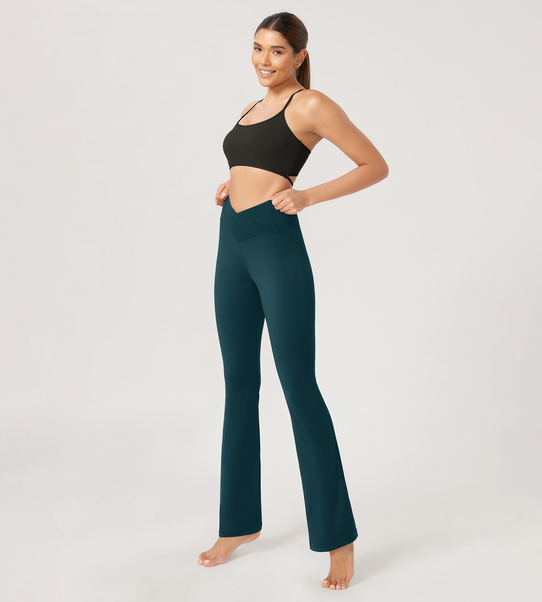 29” Cross Waist Sports Flare Yoga Pants Forest Teal - ododos