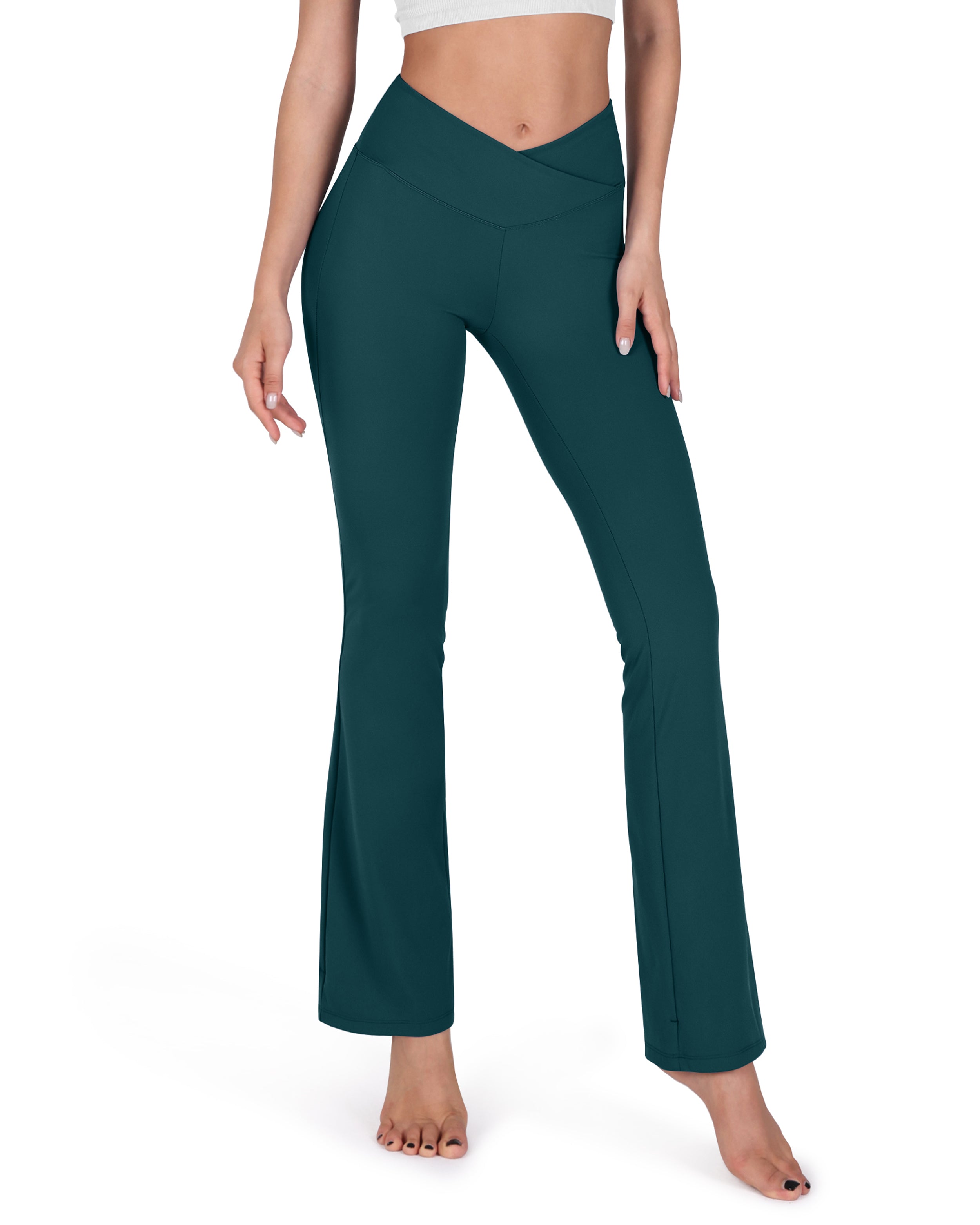 Cross Waist Workout Yoga Flare Pants Forest Teal - ododos