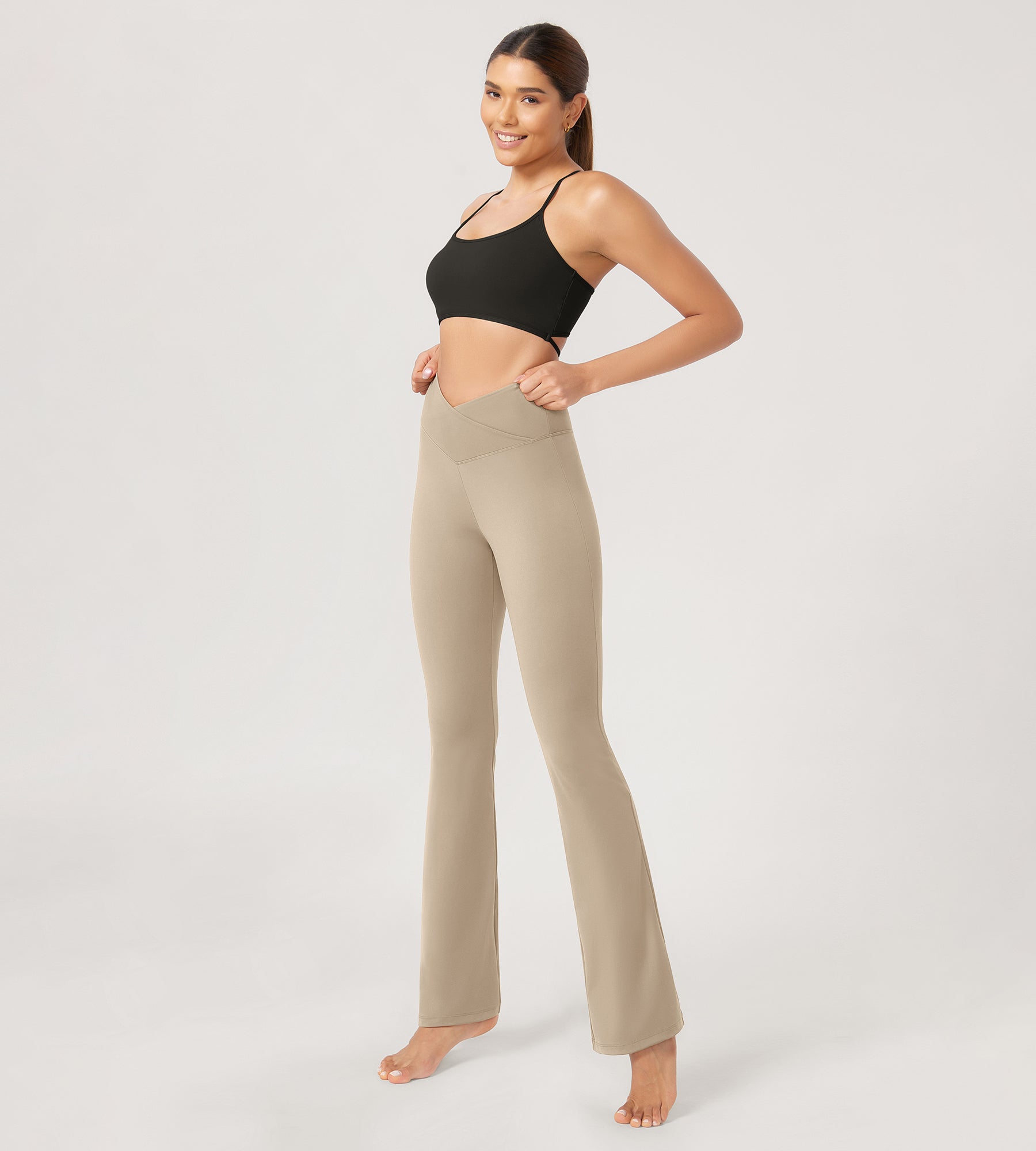 29” Cross Waist Sports Flare Yoga Pants Shaker Beige - ododos
