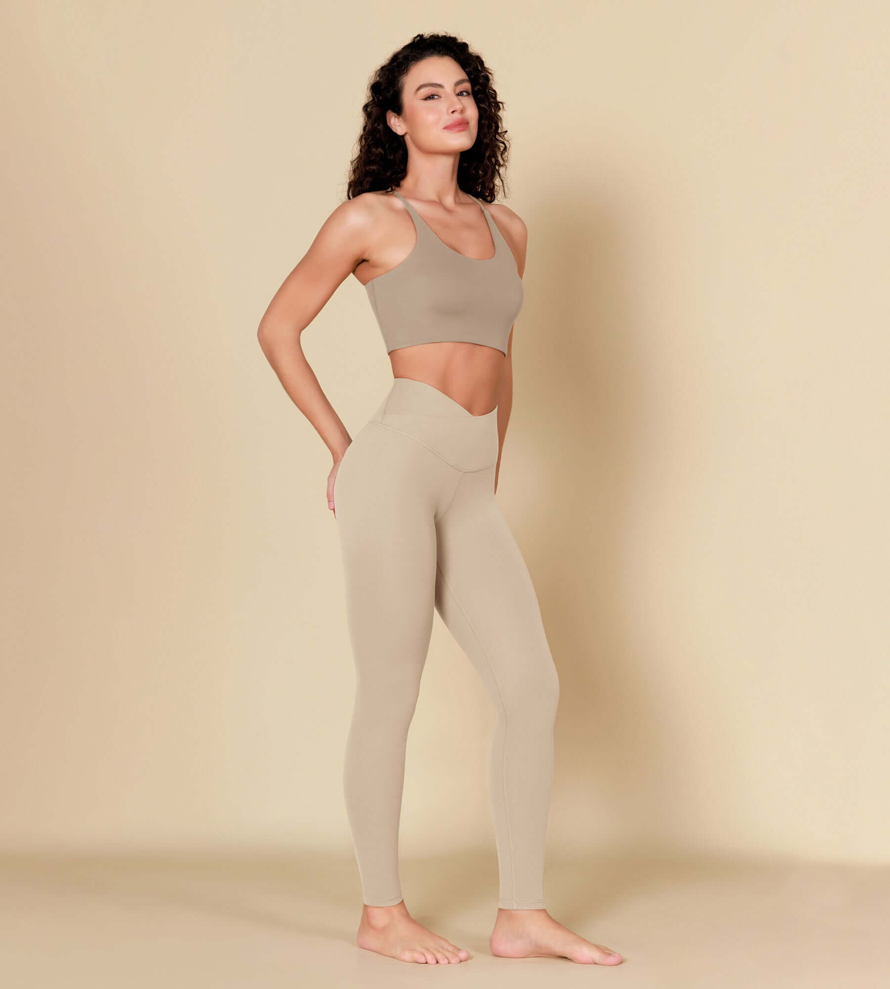 ODCLOUD 28" Crossover Leggings with Back Pocket Beige - ododos