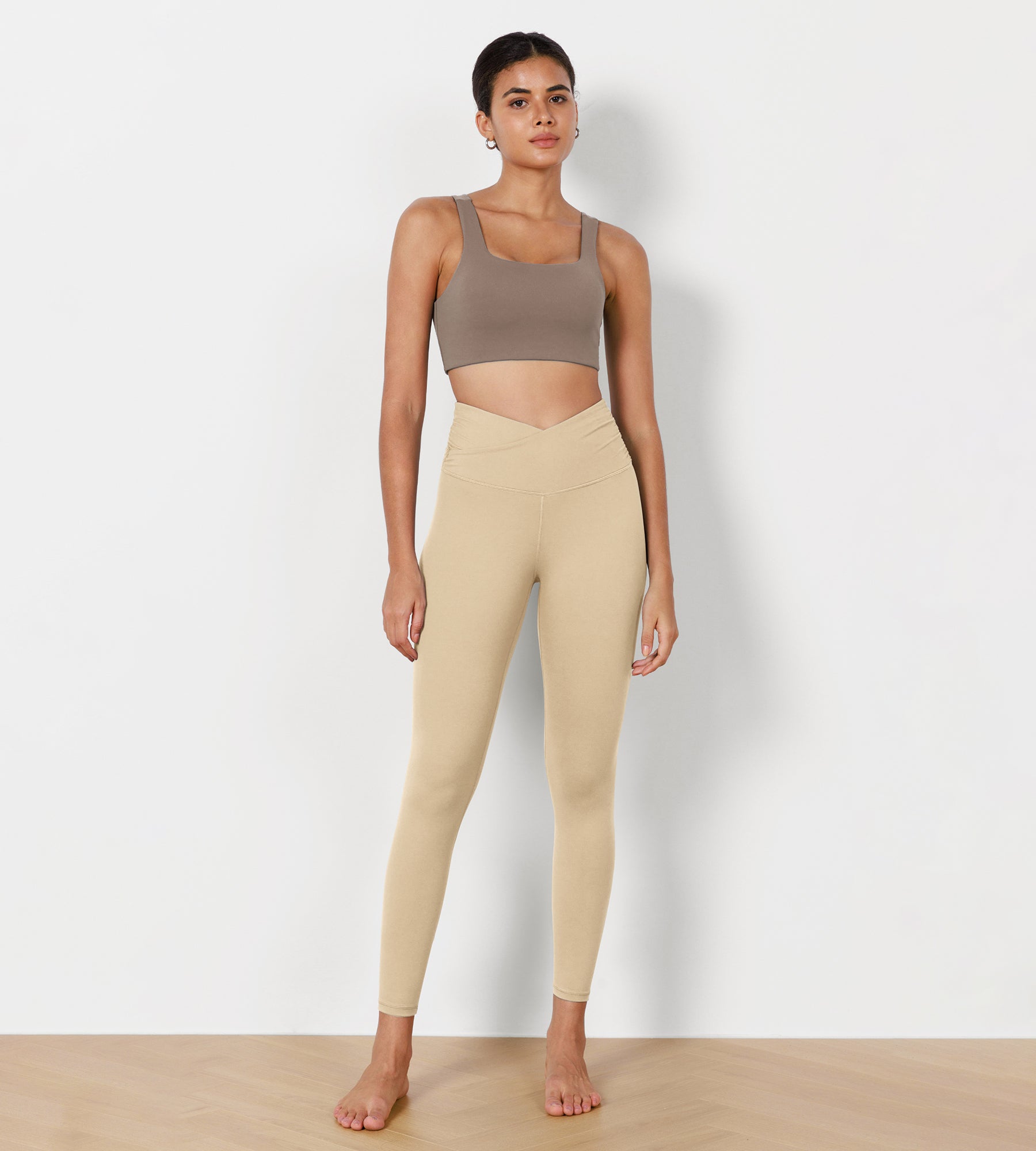 25" Cross Waist Running Leggings Beige - ododos