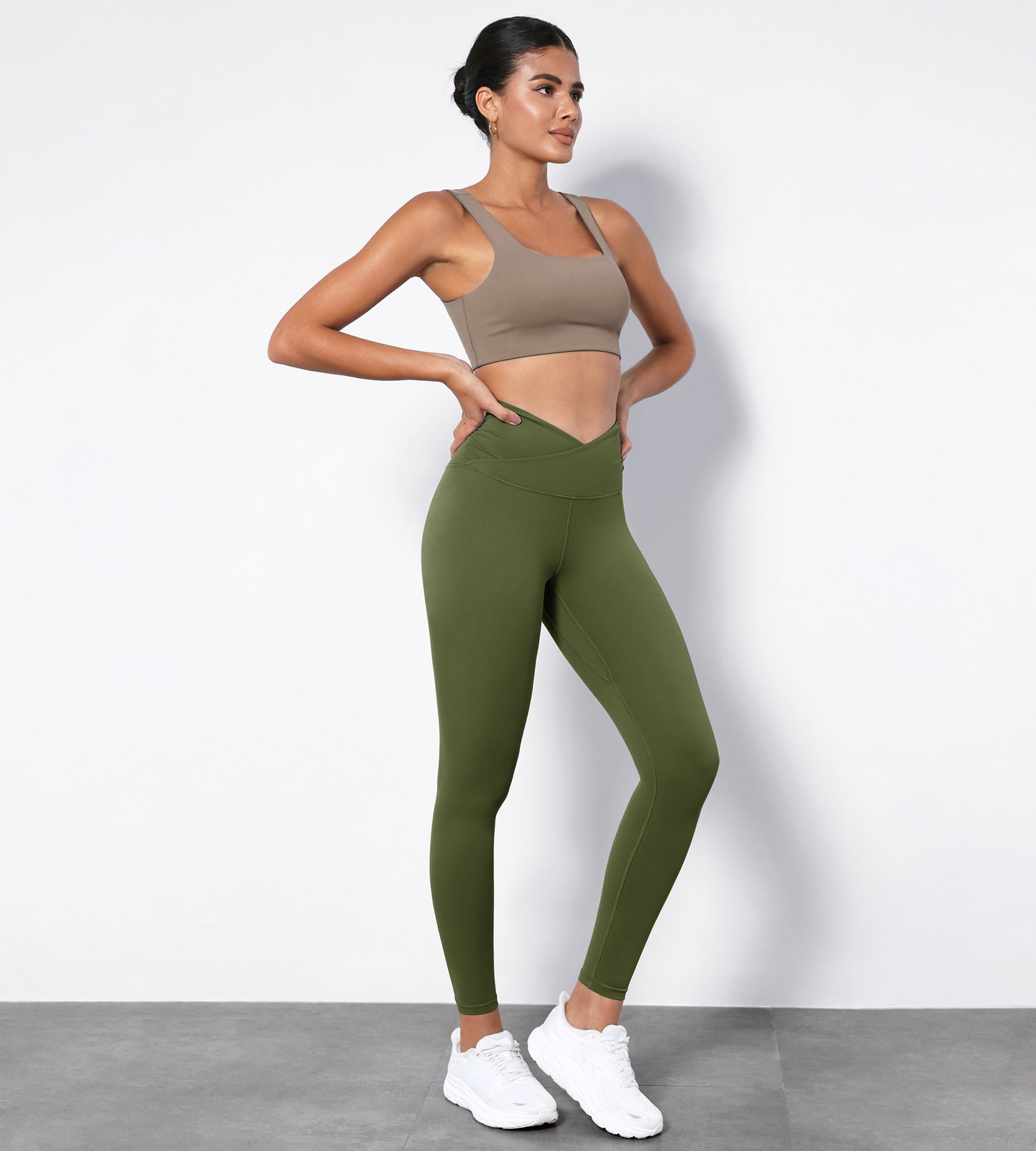 25" Cross Waist Running Leggings Dark Olive - ododos