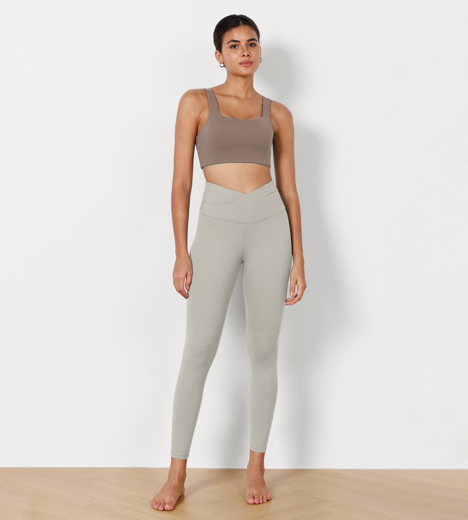 25" Cross Waist Running Leggings Light Grey - ododos