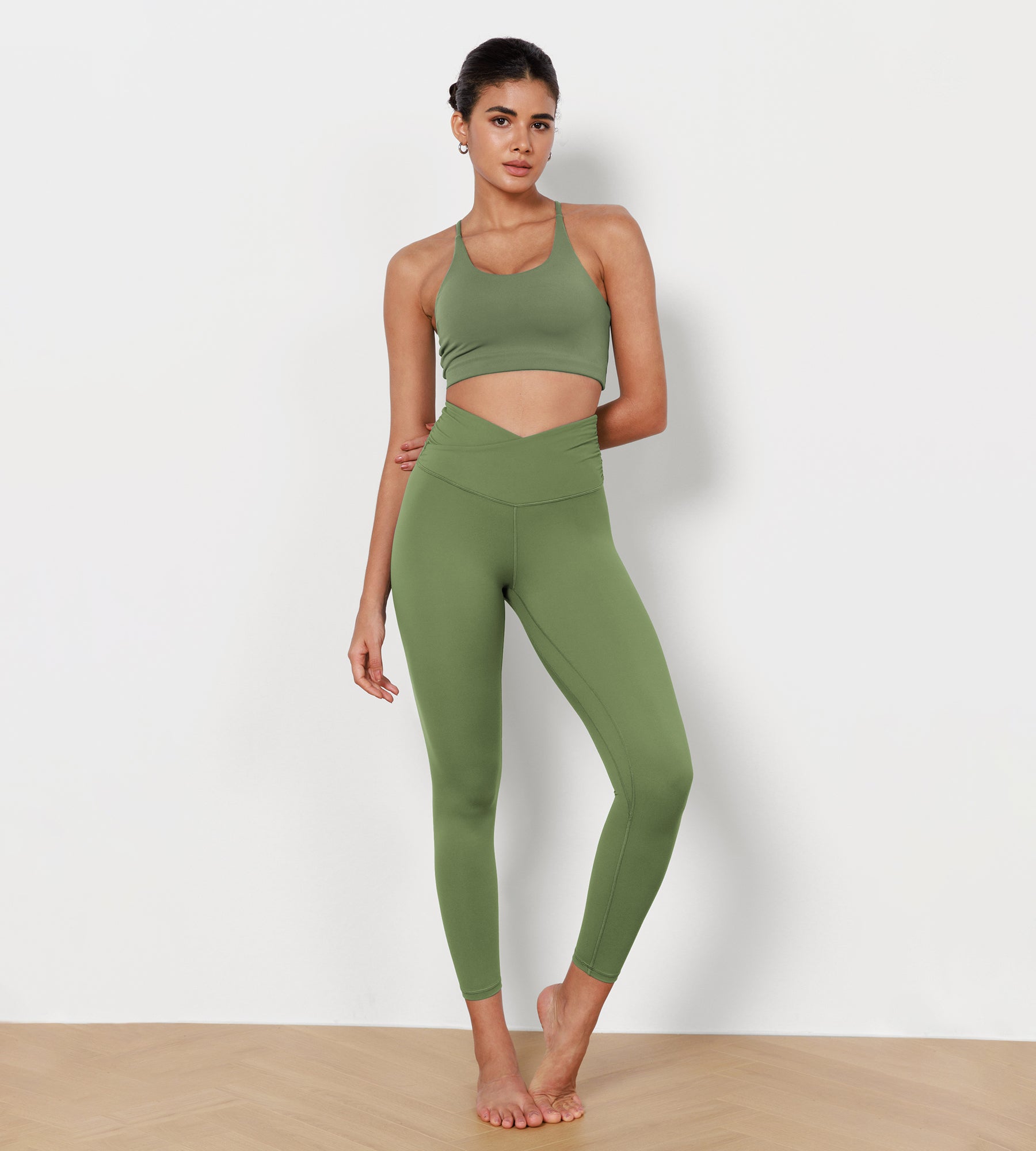 25" Cross Waist Running Leggings Light Olive - ododos