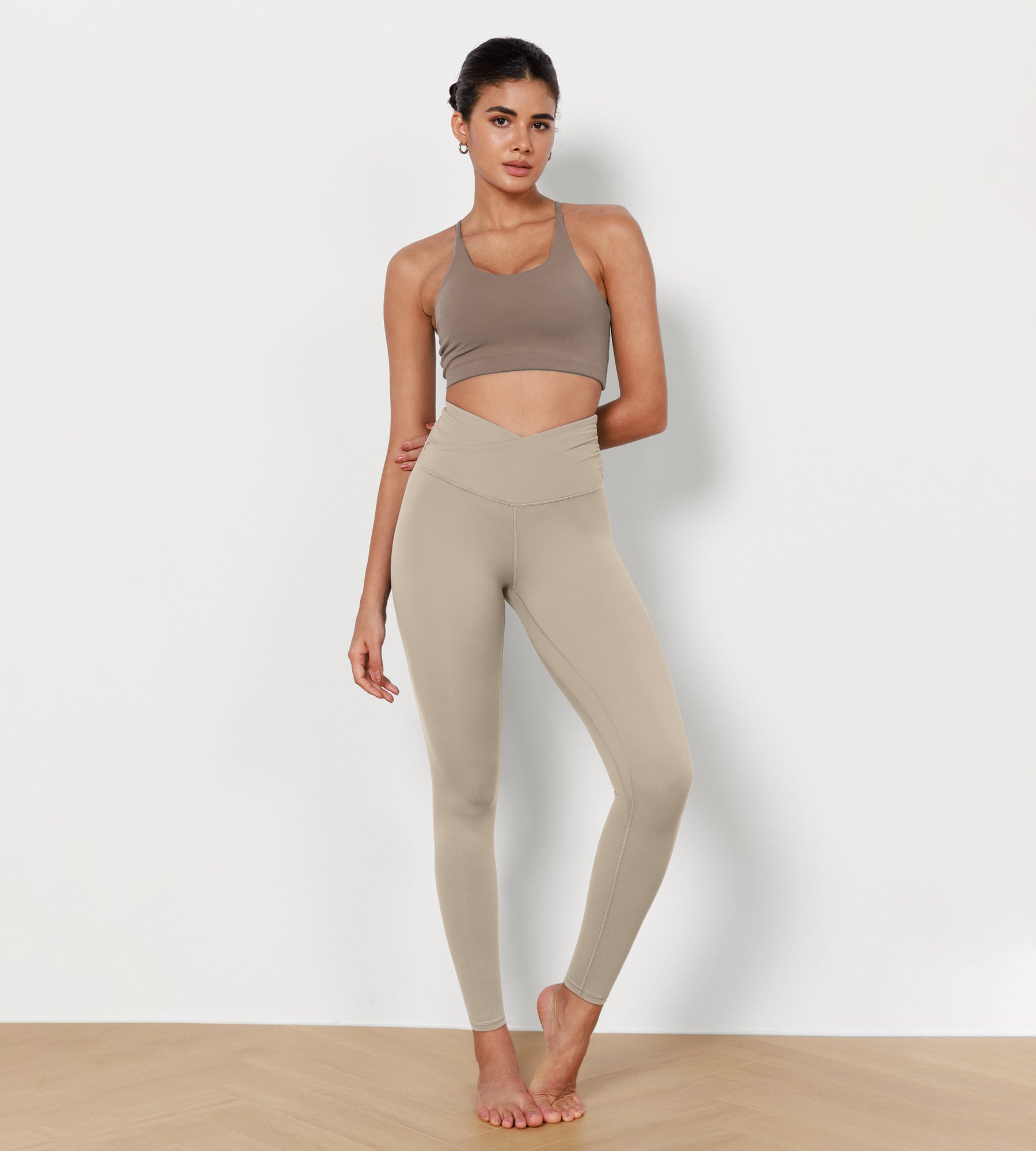 28" Cross Waist Sports Gym Yoga Leggings Taupe - ododos