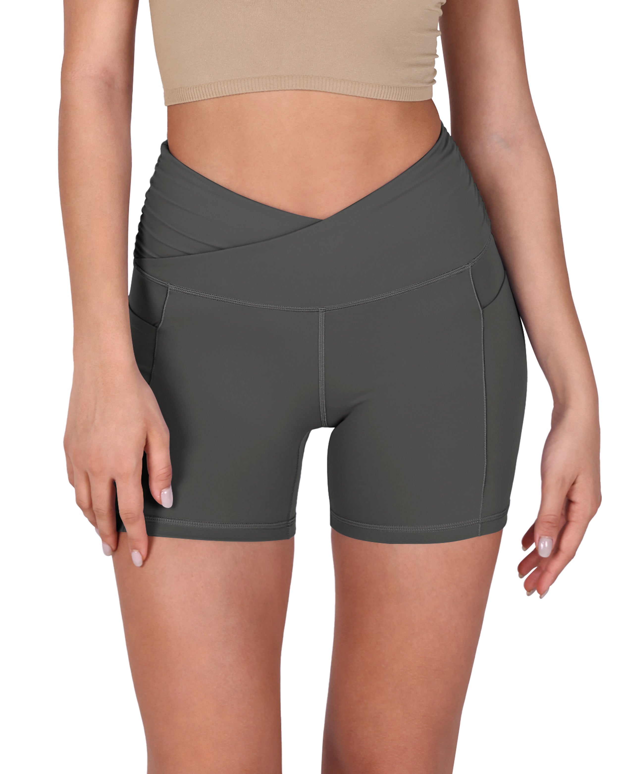 5" Cross Waist Sports Workout Biker Shorts - ododos