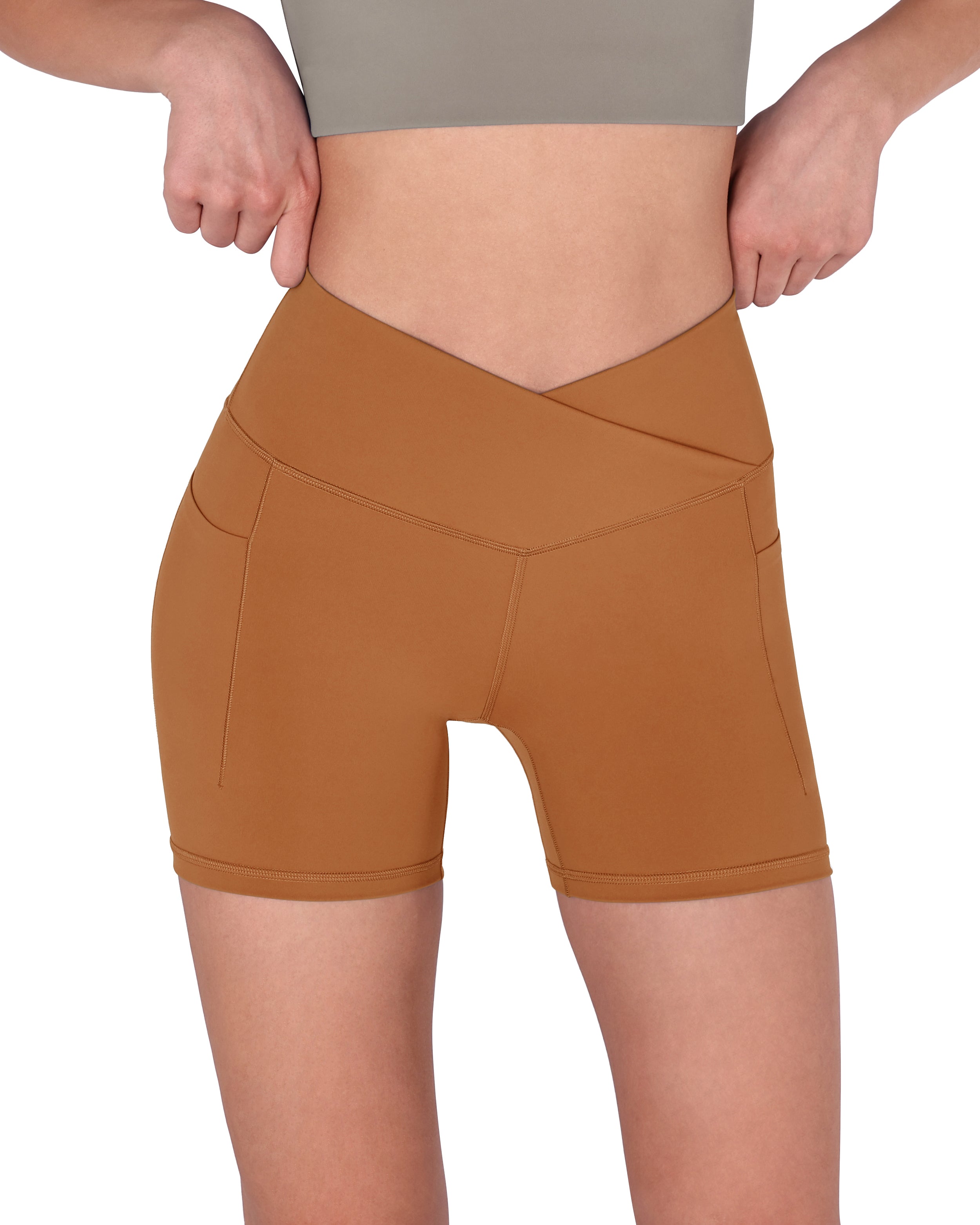 5" Cross Waist Biker Shorts with Pockets Caramel - ododos