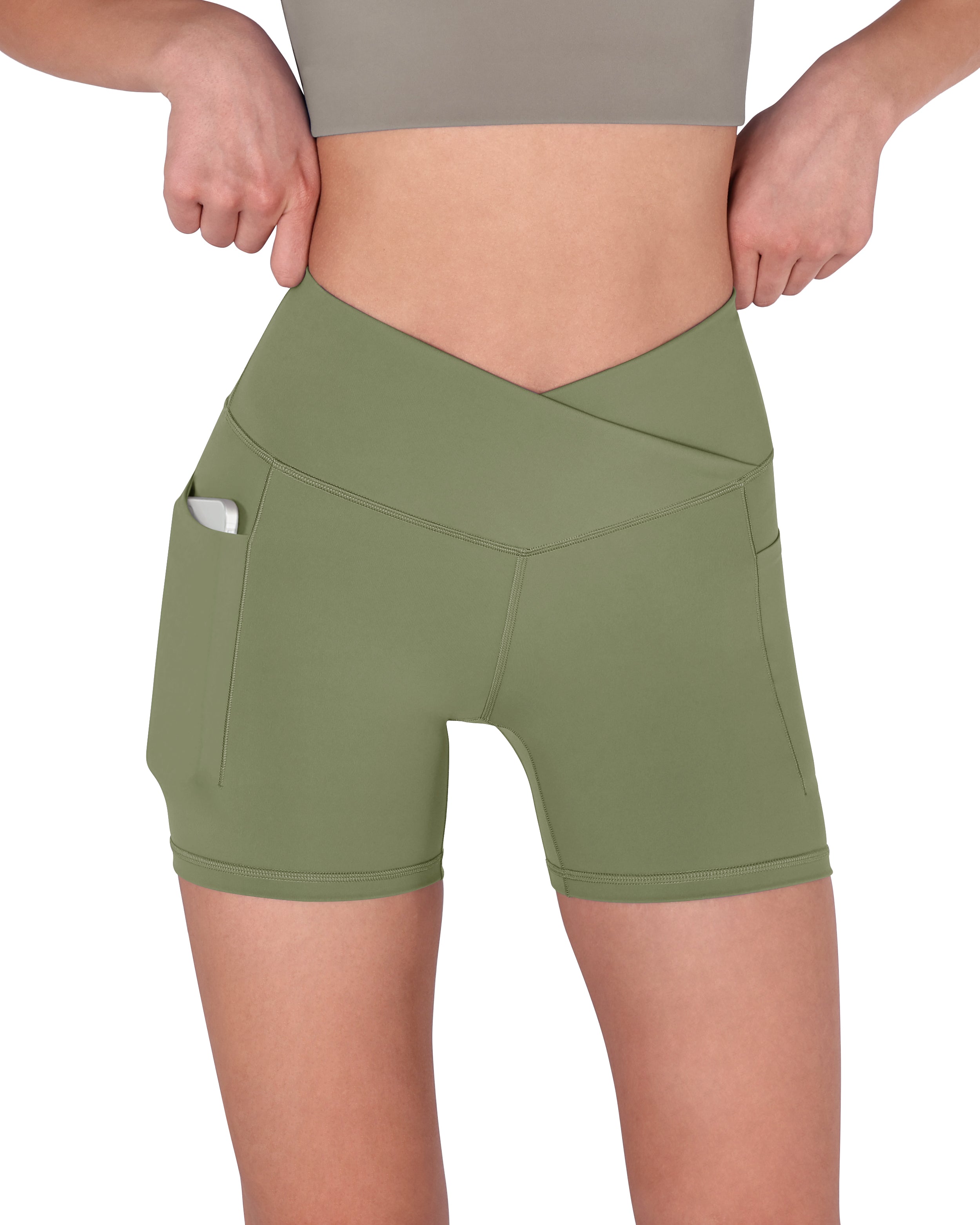 5" Cross Waist Biker Shorts with Pockets Dark Olive - ododos