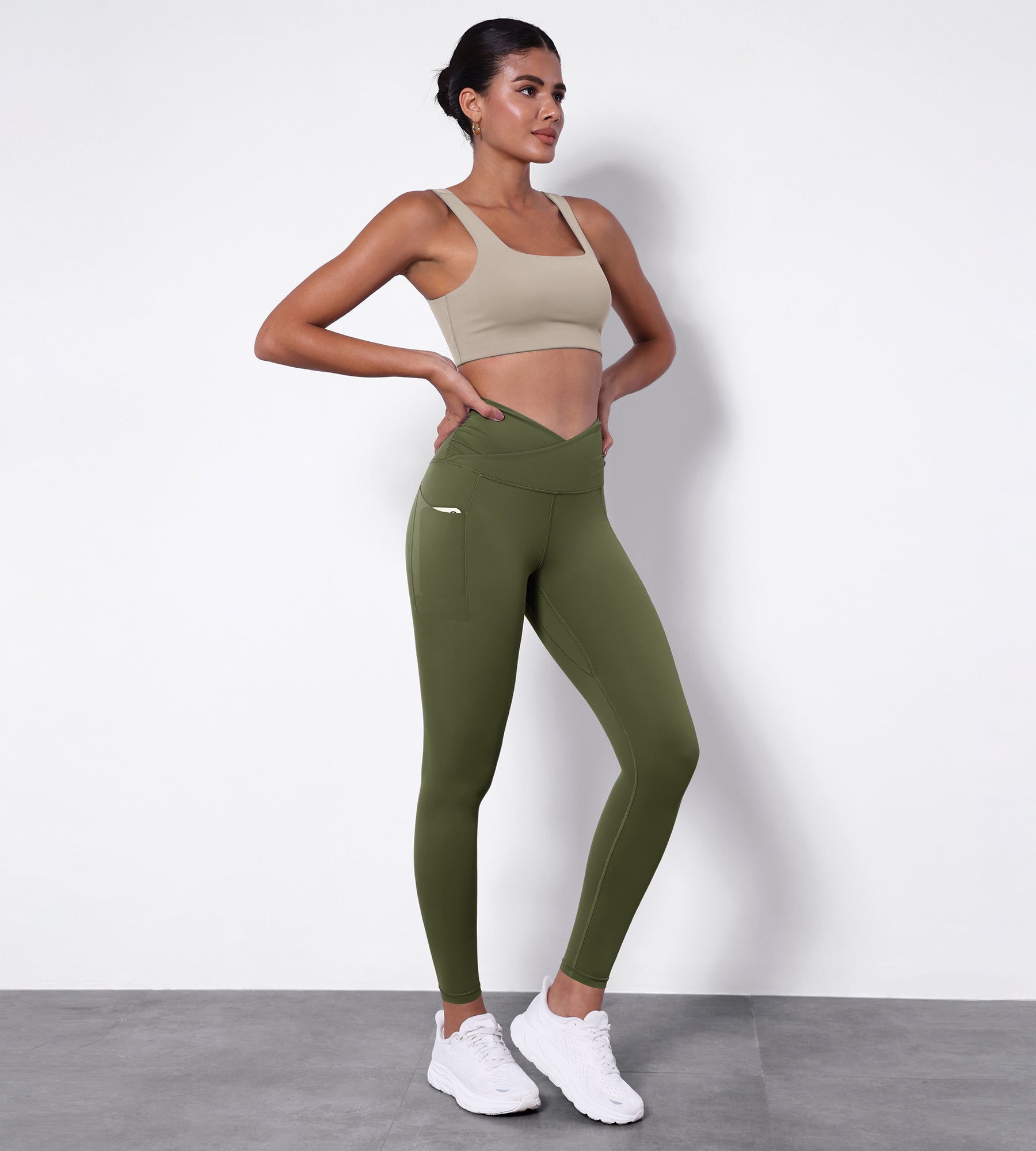 28" Side Pocket Cross Waist Yoga Leggings Dark Olive - ododos