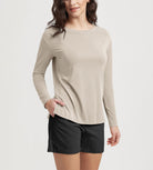 Women's Boat Neck Long Sleeve Shirt, Side Slit, Casual Top for Yoga & Lounge Beige - ododos