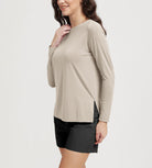 Women's Boat Neck Long Sleeve Shirt, Side Slit, Casual Top for Yoga & Lounge - ododos