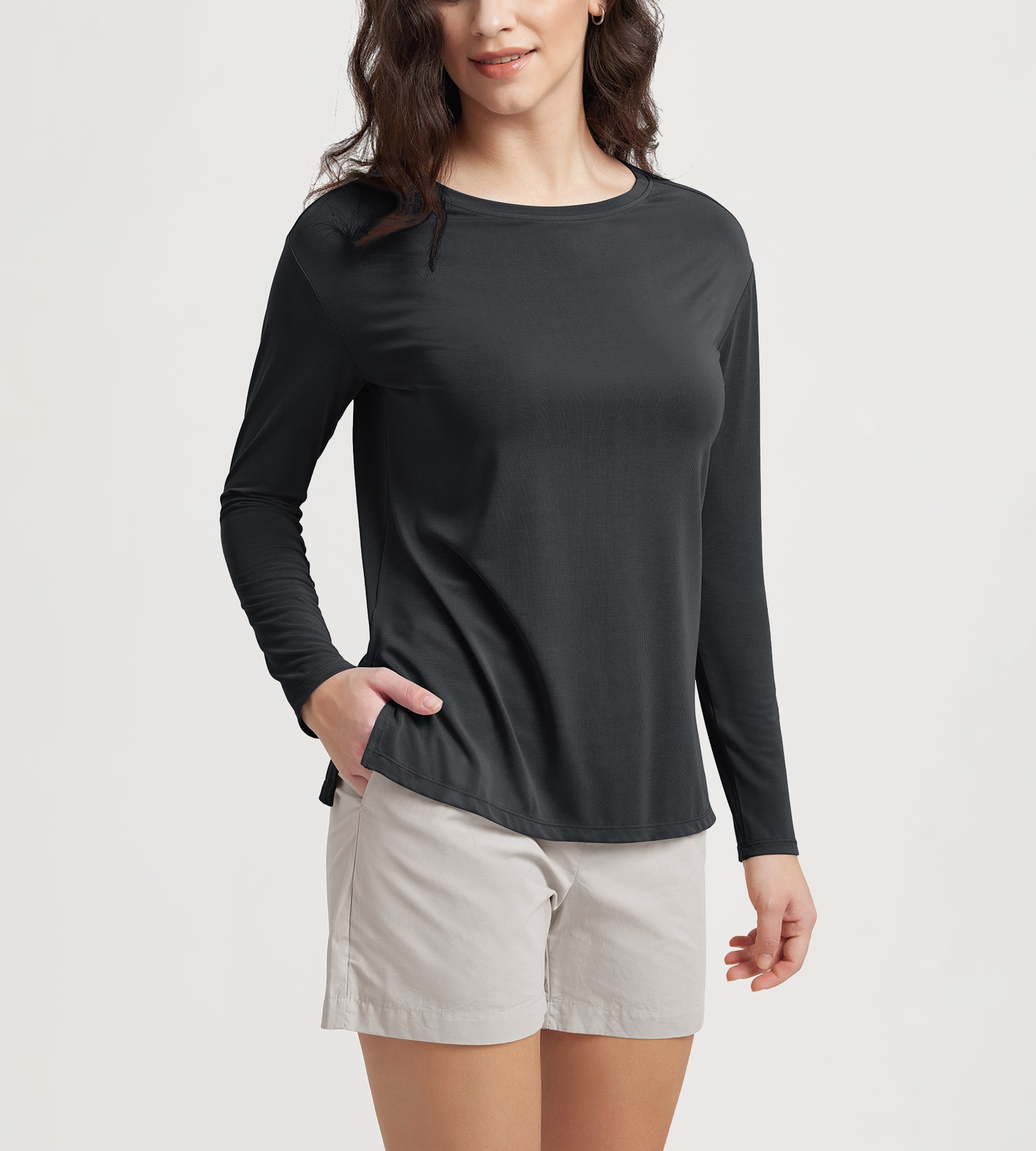 Women's Boat Neck Long Sleeve Shirt, Side Slit, Casual Top for Yoga & Lounge Black - ododos
