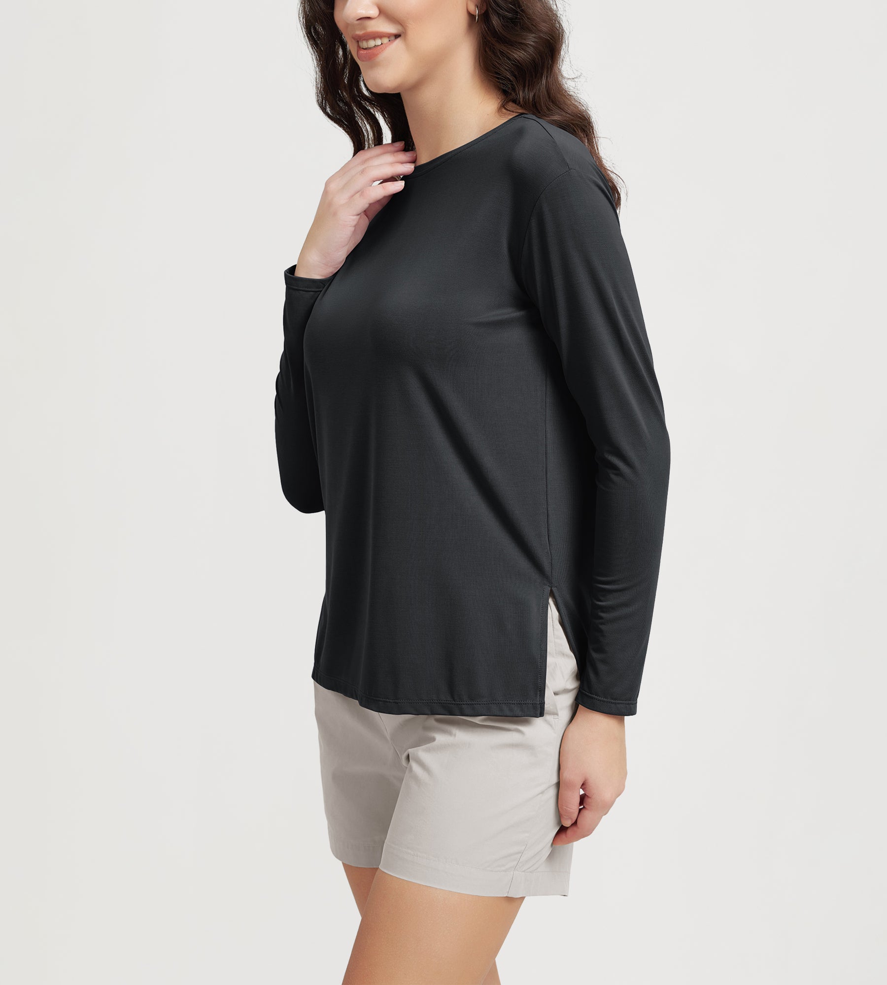 Women's Boat Neck Long Sleeve Shirt, Side Slit, Casual Top for Yoga & Lounge - ododos