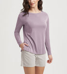 Women's Boat Neck Long Sleeve Shirt, Side Slit, Casual Top for Yoga & Lounge Lavender - ododos