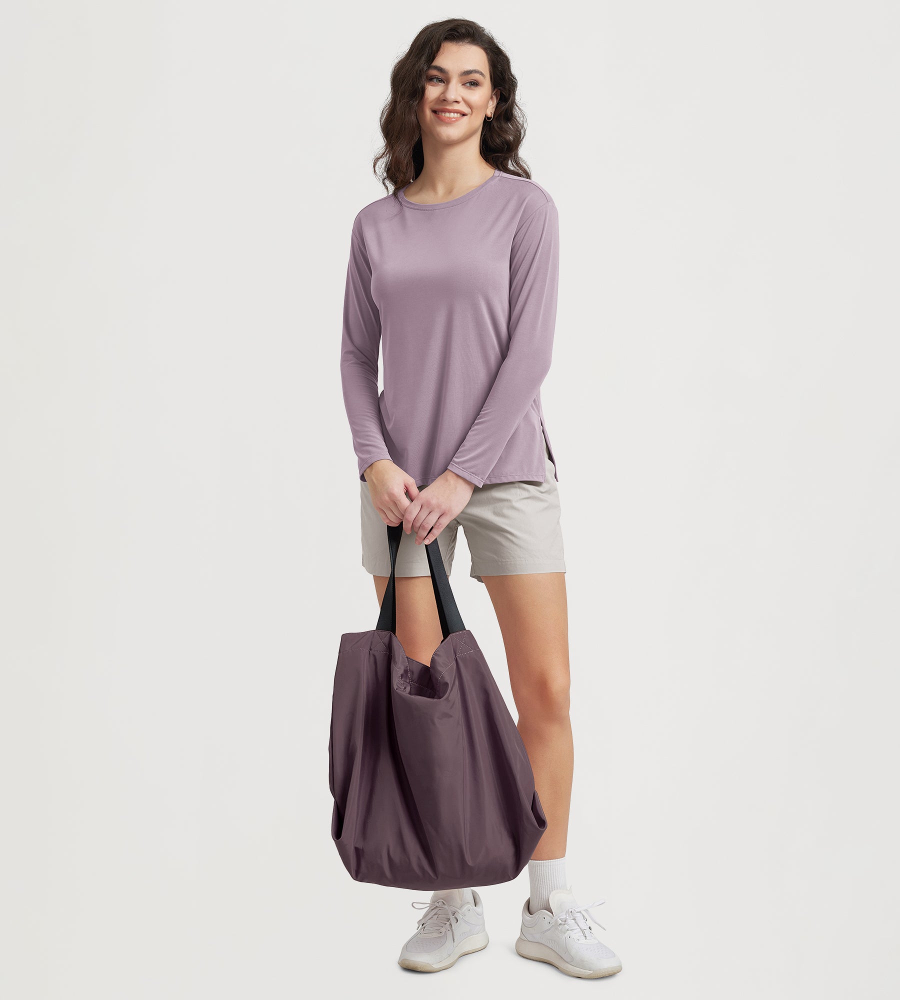 Women's Boat Neck Long Sleeve Shirt, Side Slit, Casual Top for Yoga & Lounge - ododos