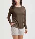 Women's Boat Neck Long Sleeve Shirt, Side Slit, Casual Top for Yoga & Lounge Nutria - ododos