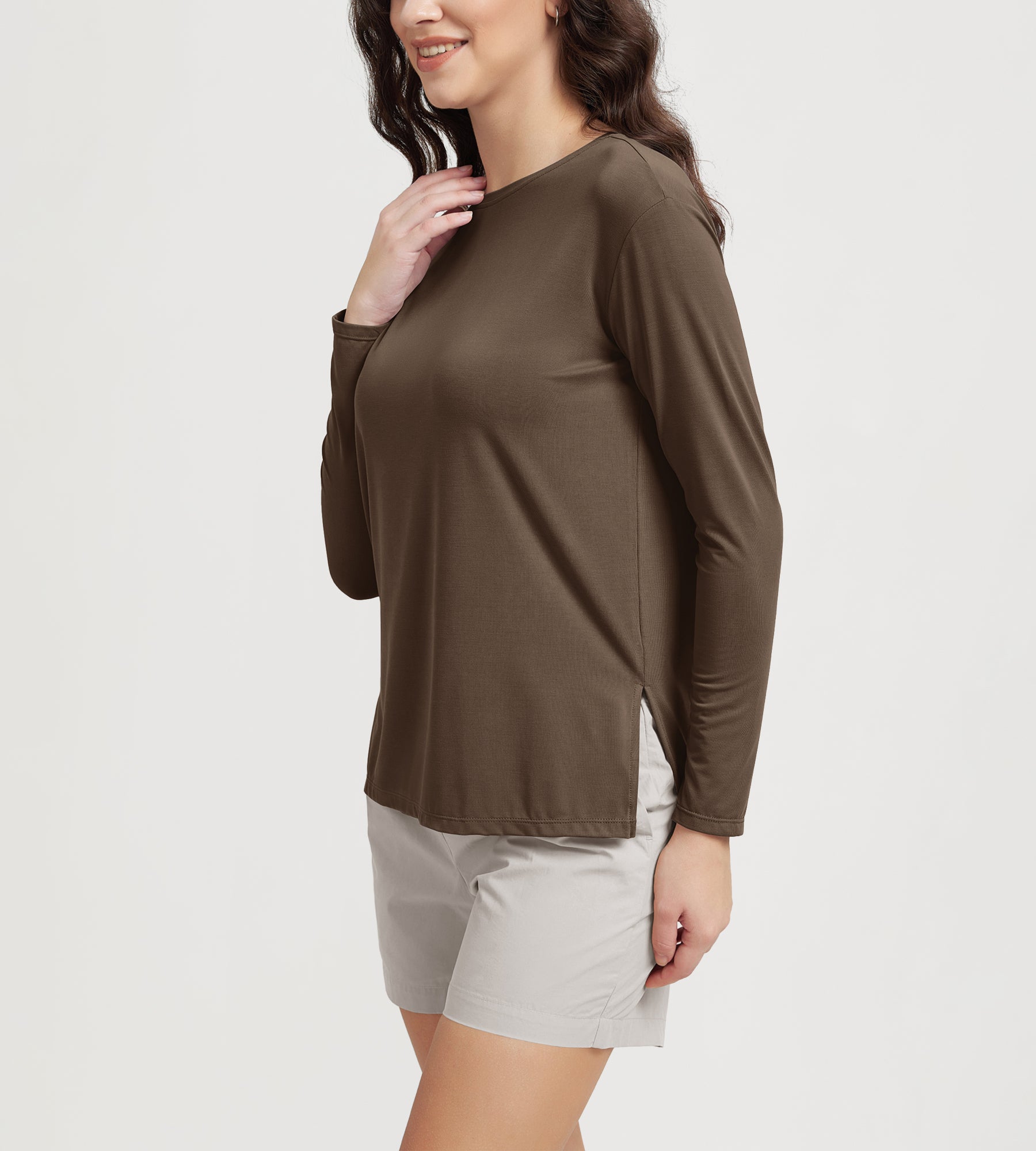 Women's Boat Neck Long Sleeve Shirt, Side Slit, Casual Top for Yoga & Lounge - ododos