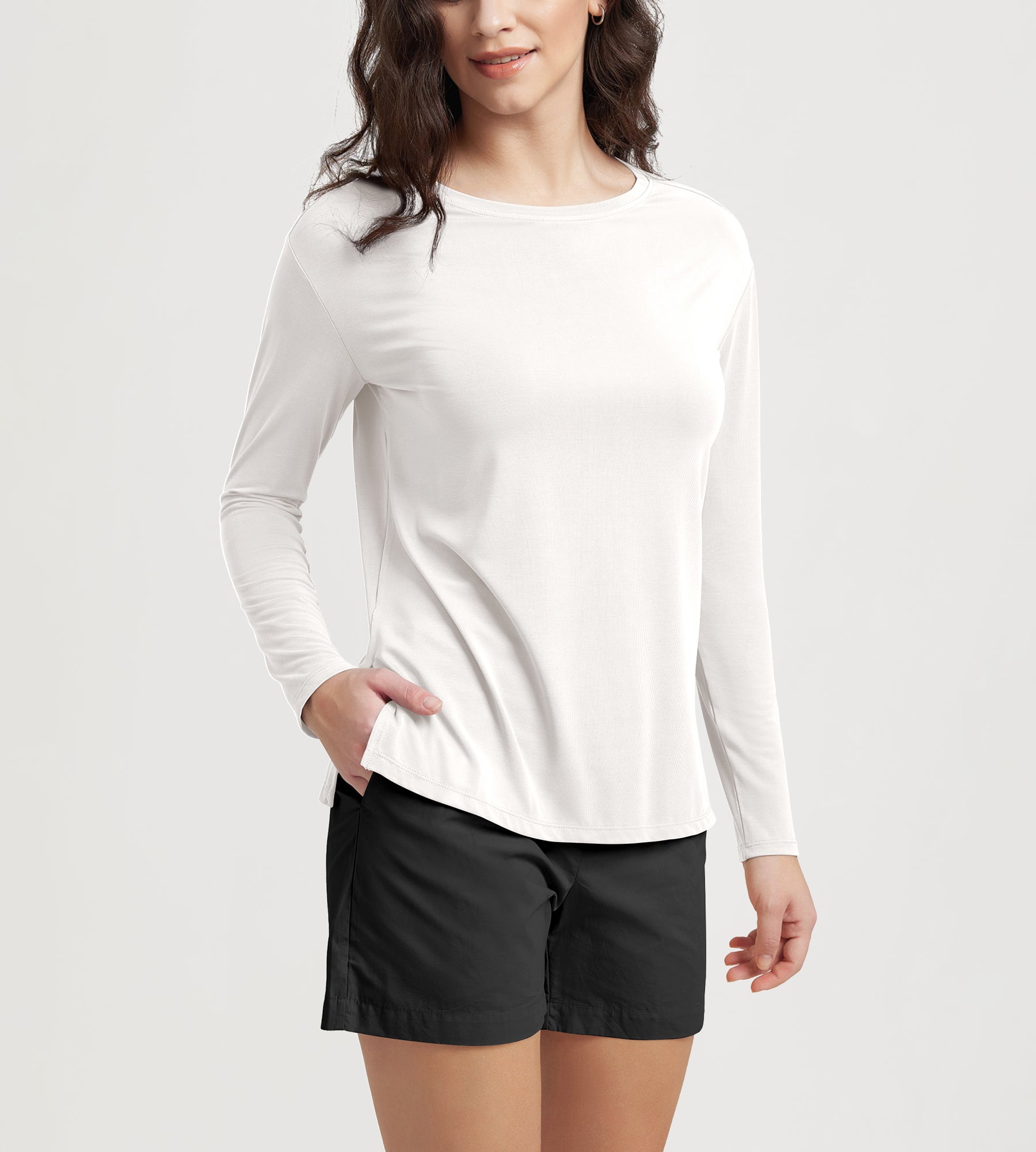 Women's Boat Neck Long Sleeve Shirt, Side Slit, Casual Top for Yoga & Lounge Milk White - ododos