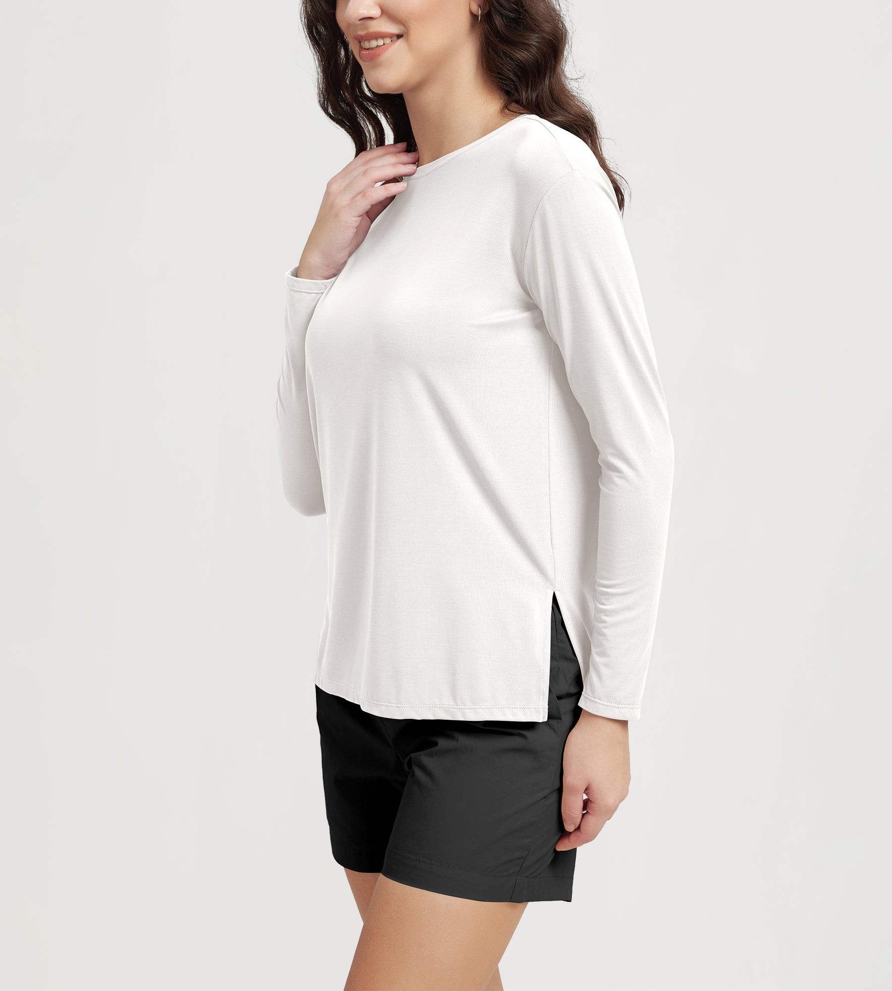 Women's Boat Neck Long Sleeve Shirt, Side Slit, Casual Top for Yoga & Lounge - ododos