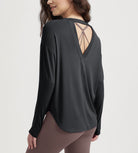 Women's Hollow-Back Long Sleeve Shirt with Thumb Holes, Yoga & Lounge Top Black - ododos