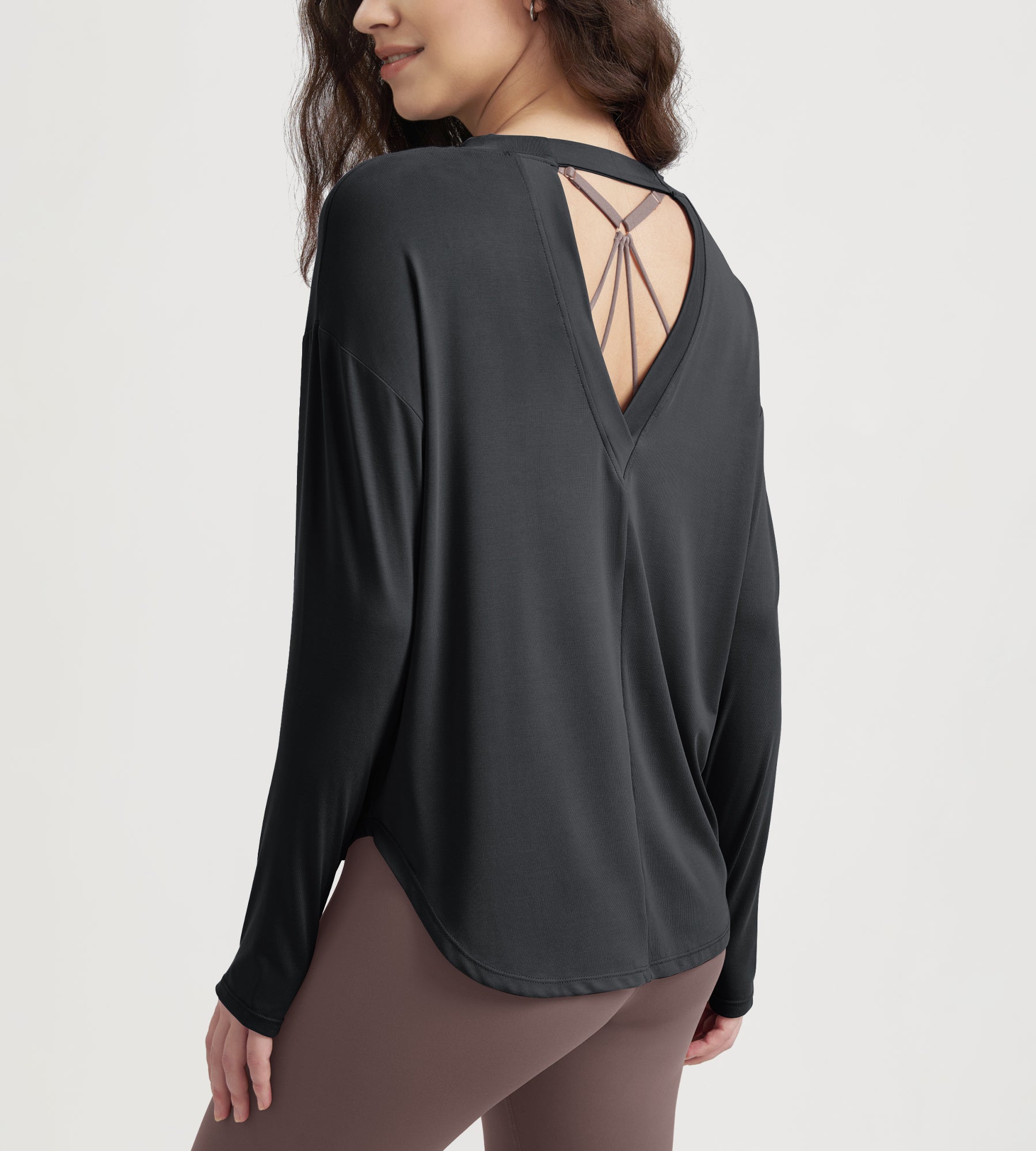 Women's Hollow-Back Long Sleeve Shirt with Thumb Holes, Yoga & Lounge Top Black - ododos