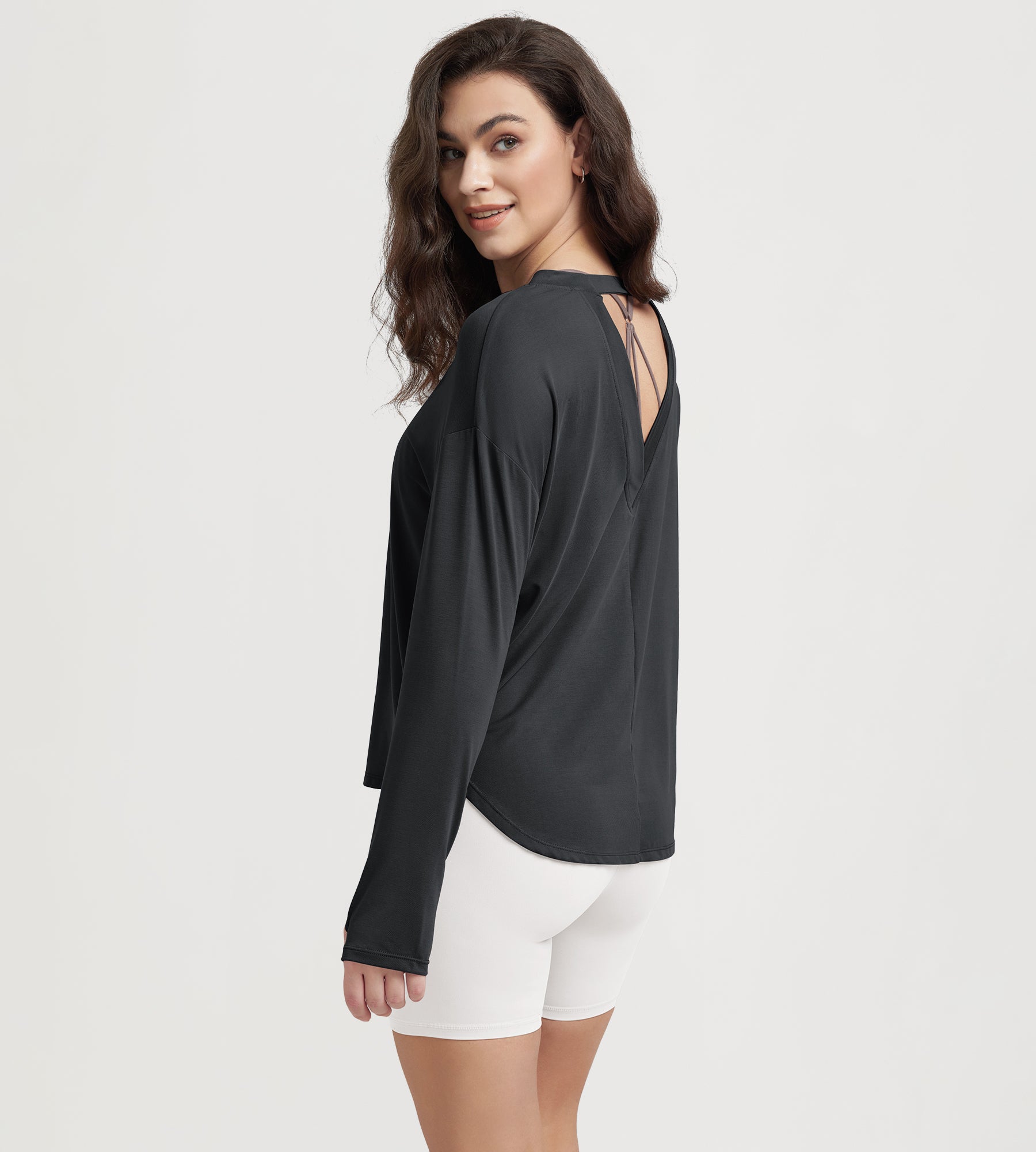 Women's Hollow-Back Long Sleeve Shirt with Thumb Holes, Yoga & Lounge Top - ododos