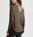 Women's Hollow-Back Long Sleeve Shirt with Thumb Holes, Yoga & Lounge Top Nutria - ododos