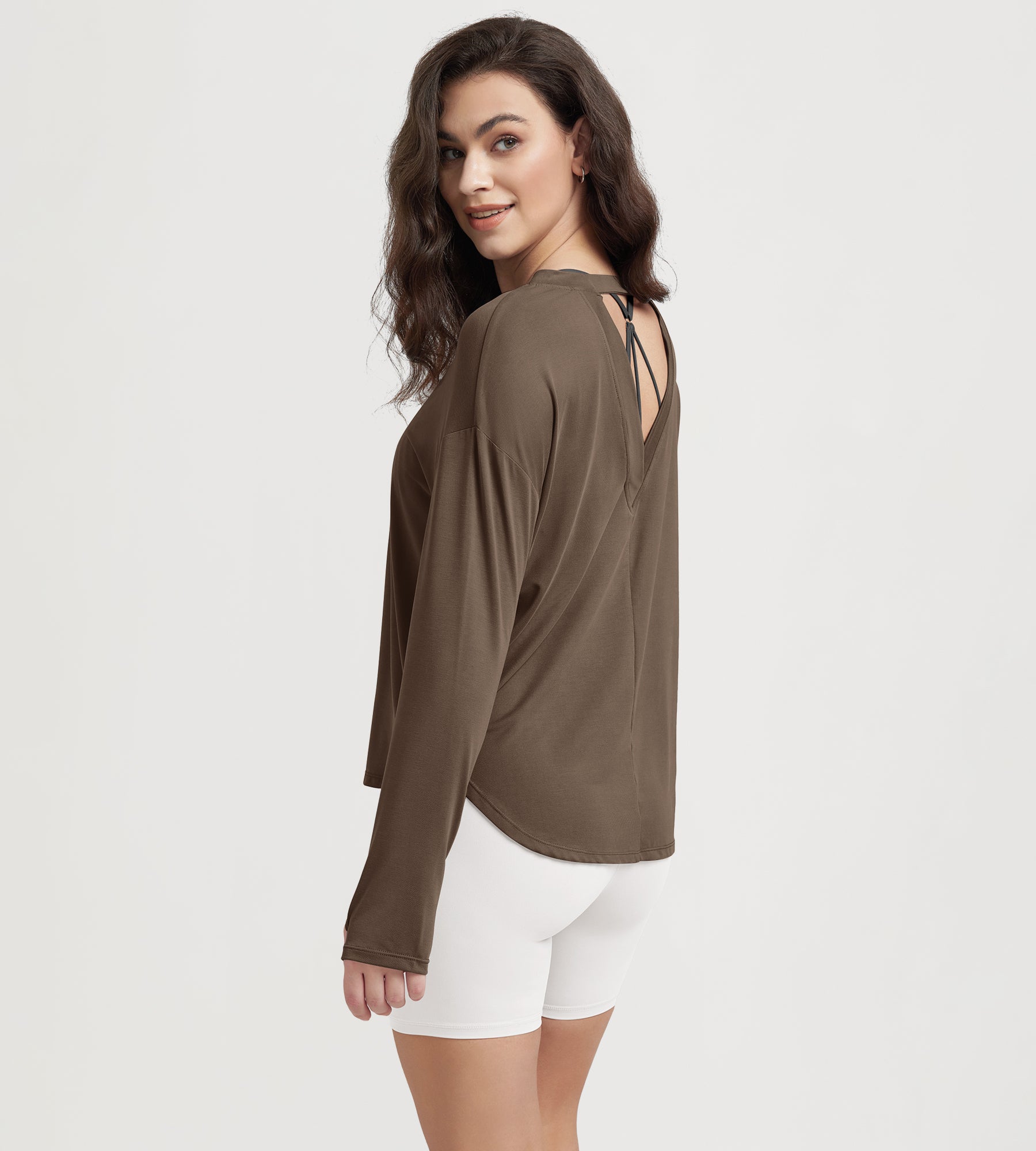 Women's Hollow-Back Long Sleeve Shirt with Thumb Holes, Yoga & Lounge Top - ododos