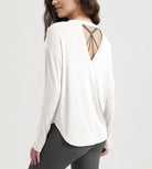 Women's Hollow-Back Long Sleeve Shirt with Thumb Holes, Yoga & Lounge Top Milk White - ododos