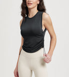 Women's Side Ruched Tee Sleeveless Shirts Crew Neck Tank Tops Black - ododos