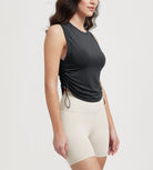 Women's Side Ruched Tee Sleeveless Shirts Crew Neck Tank Tops - ododos