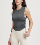 Women's Side Ruched Tee Sleeveless Shirts Crew Neck Tank Tops Charcoal - ododos