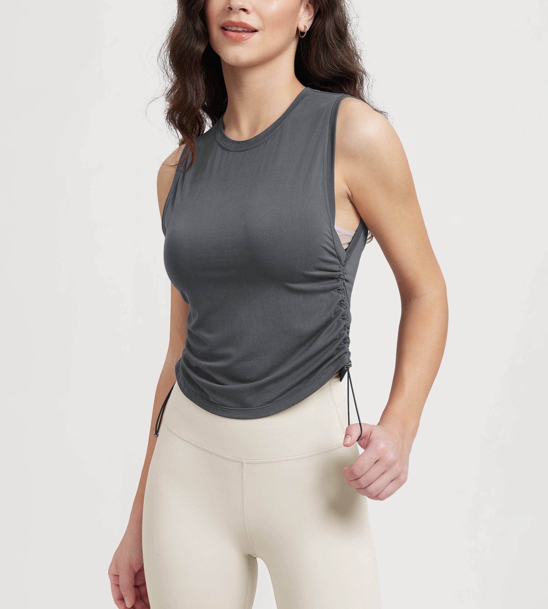 Women's Side Ruched Tee Sleeveless Shirts Crew Neck Tank Tops Charcoal - ododos